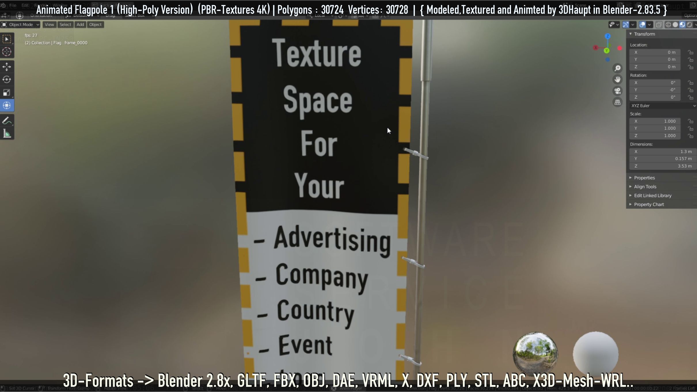 Animated Flag with Pole -1- High-Poly Version 3D model_51