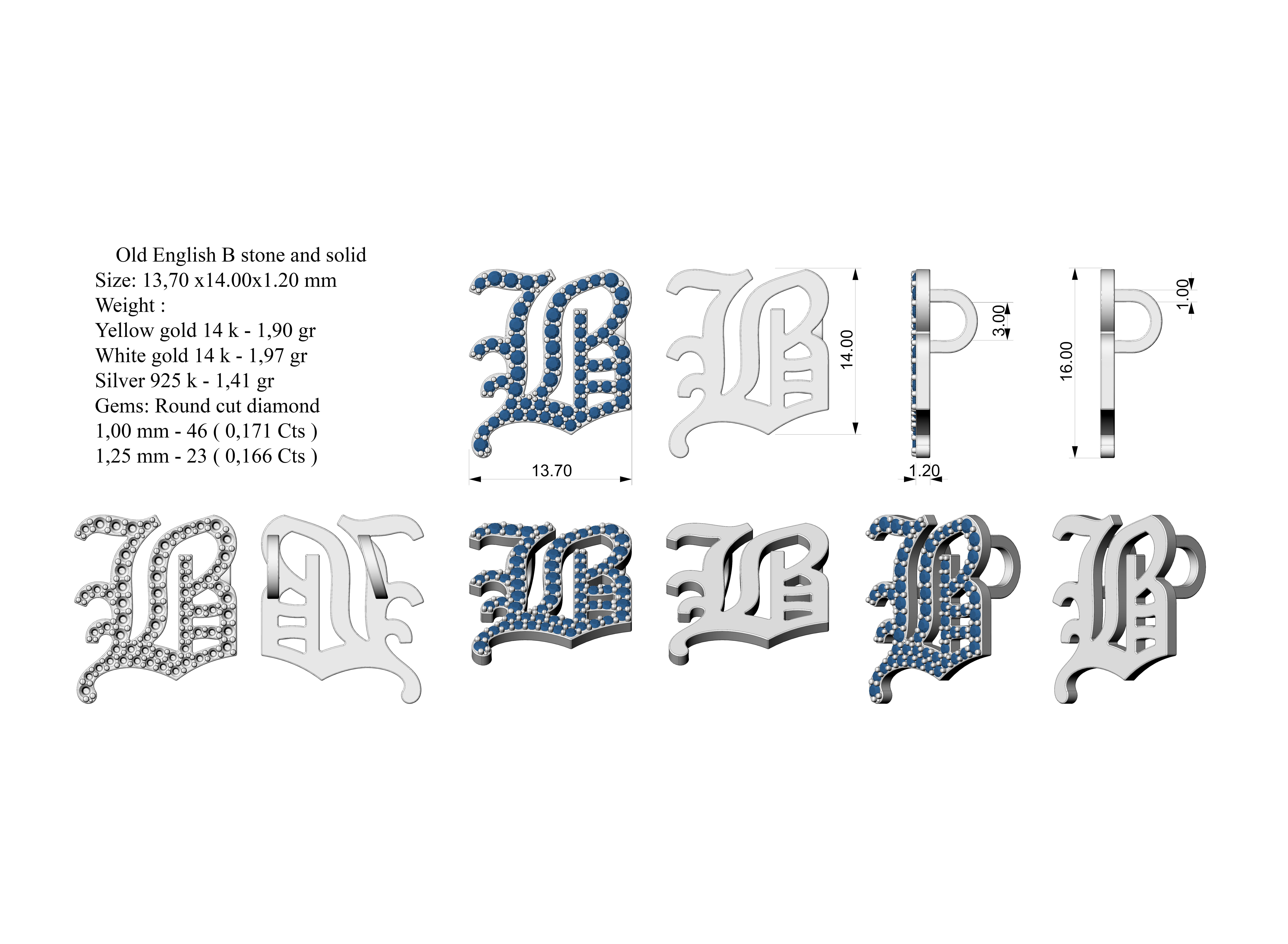 Old English B stone and solid 3D print model_4