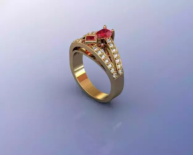 Ring gold with ruby stone and diamonds 3D print model