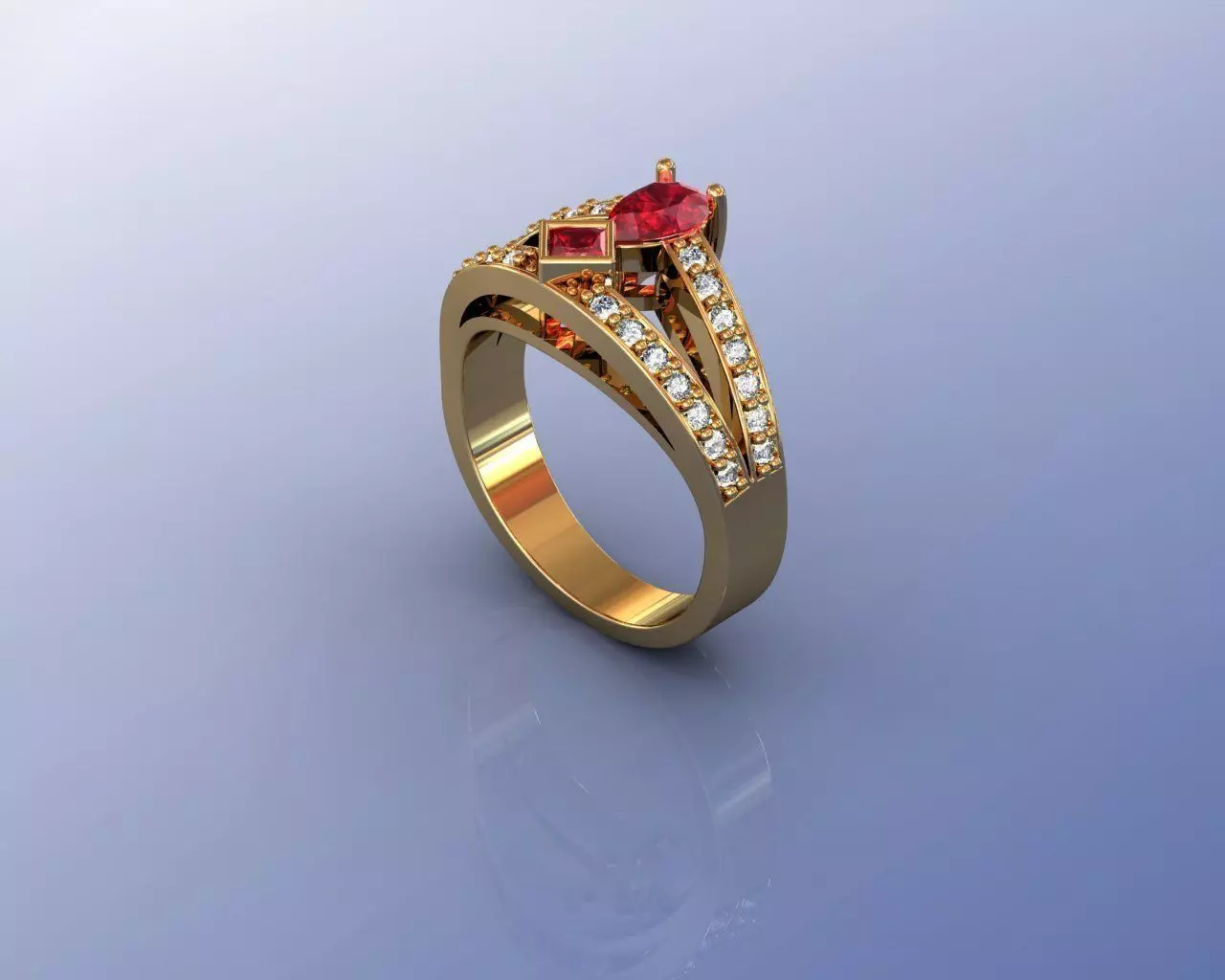 Ring gold with ruby stone and diamonds 3D print model_0