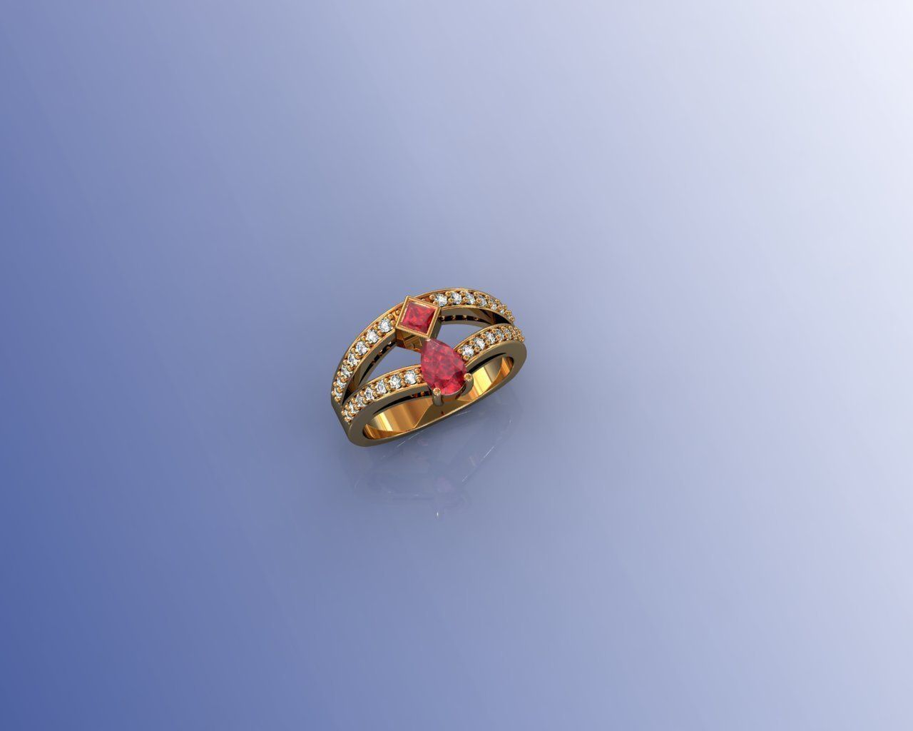 Ring gold with ruby stone and diamonds 3D print model_2