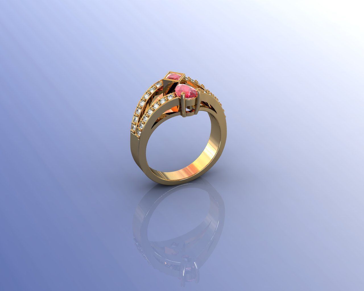Ring gold with ruby stone and diamonds 3D print model_1