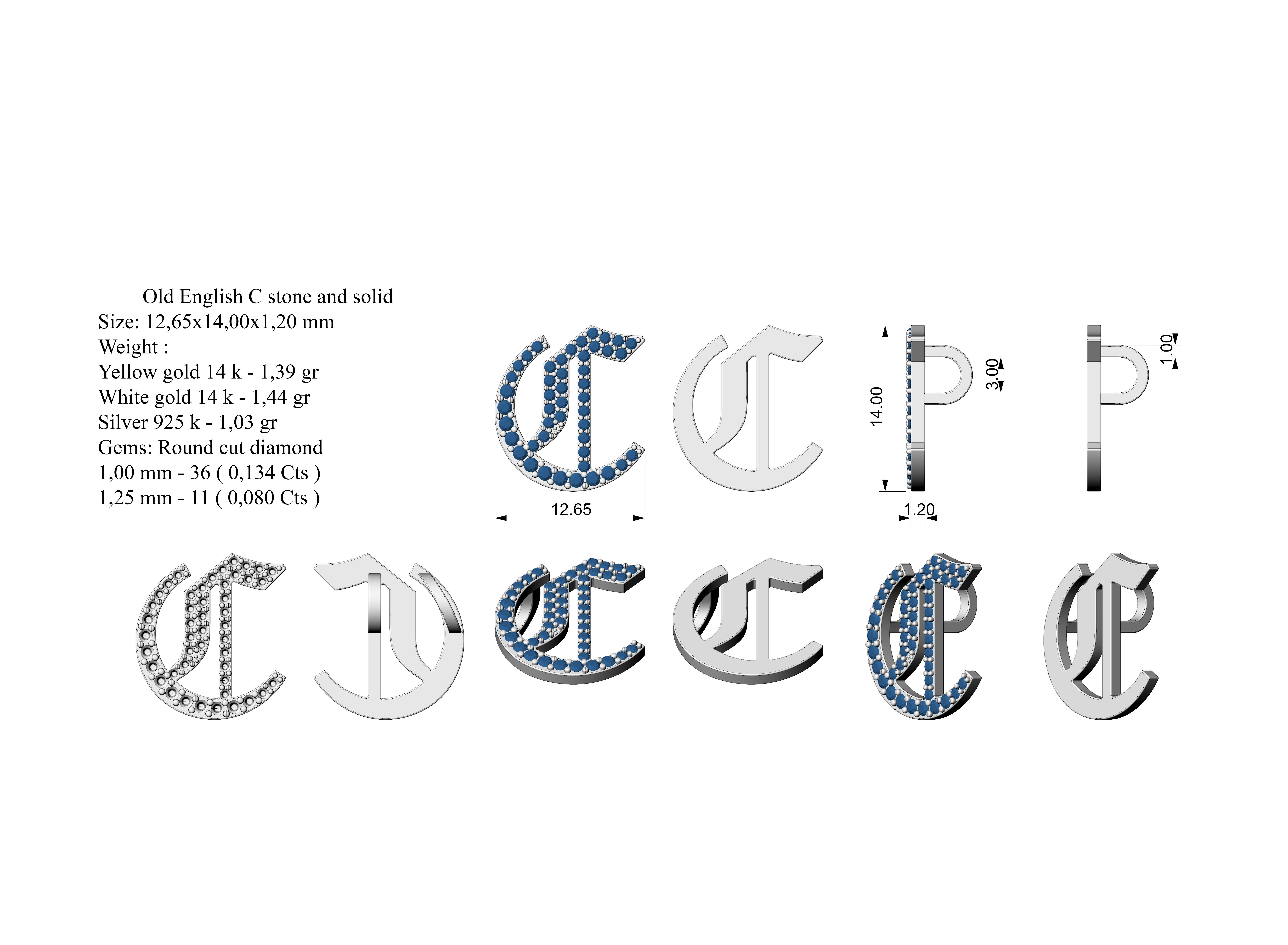 Old English C stone and solid 3D print model_4