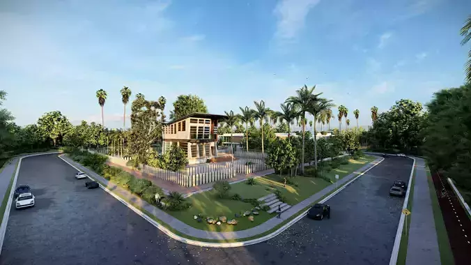 Urban house with palm trees