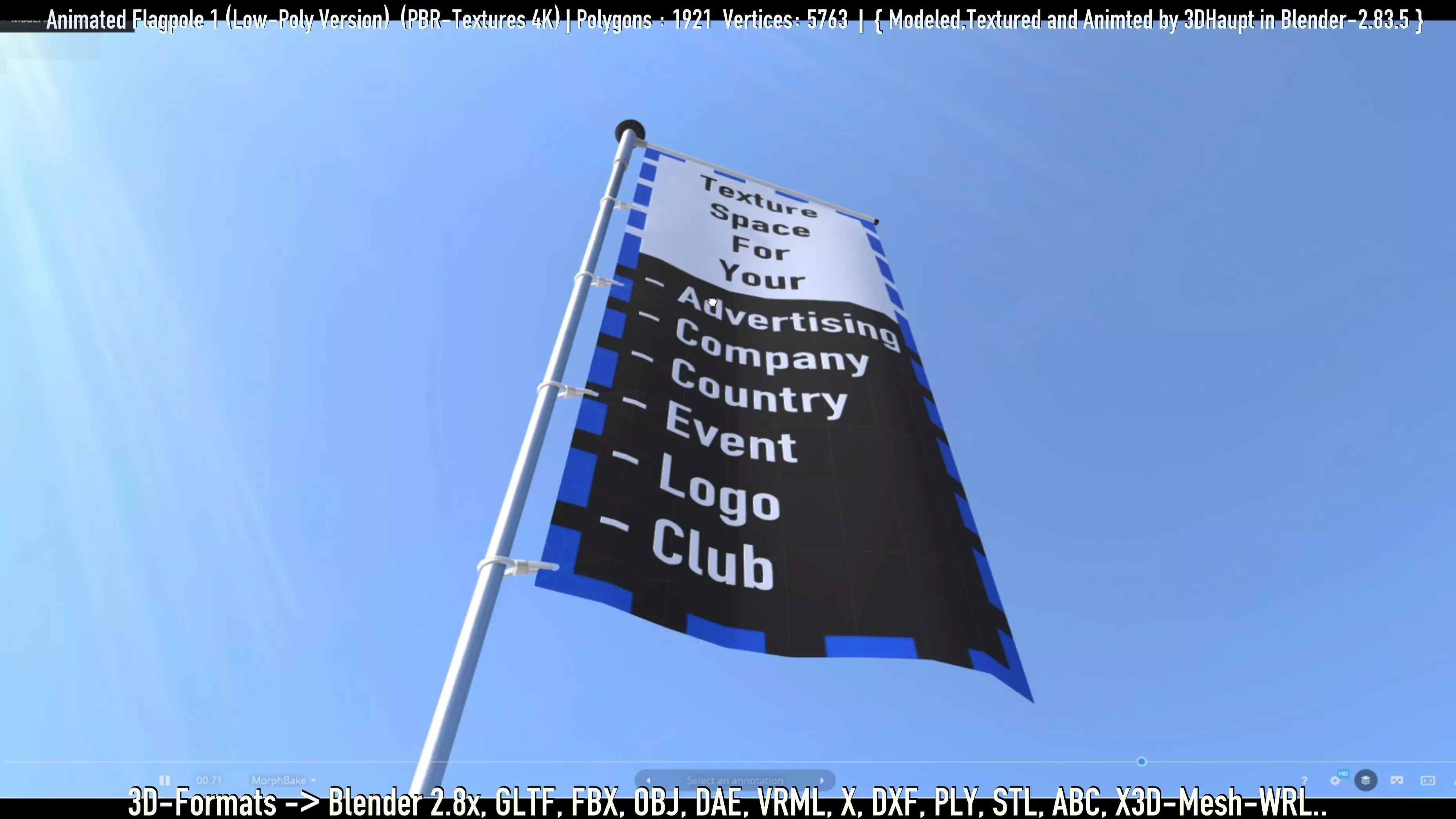 Animated Flag with Pole -1- Low-Poly Version Low-poly 3D model_0