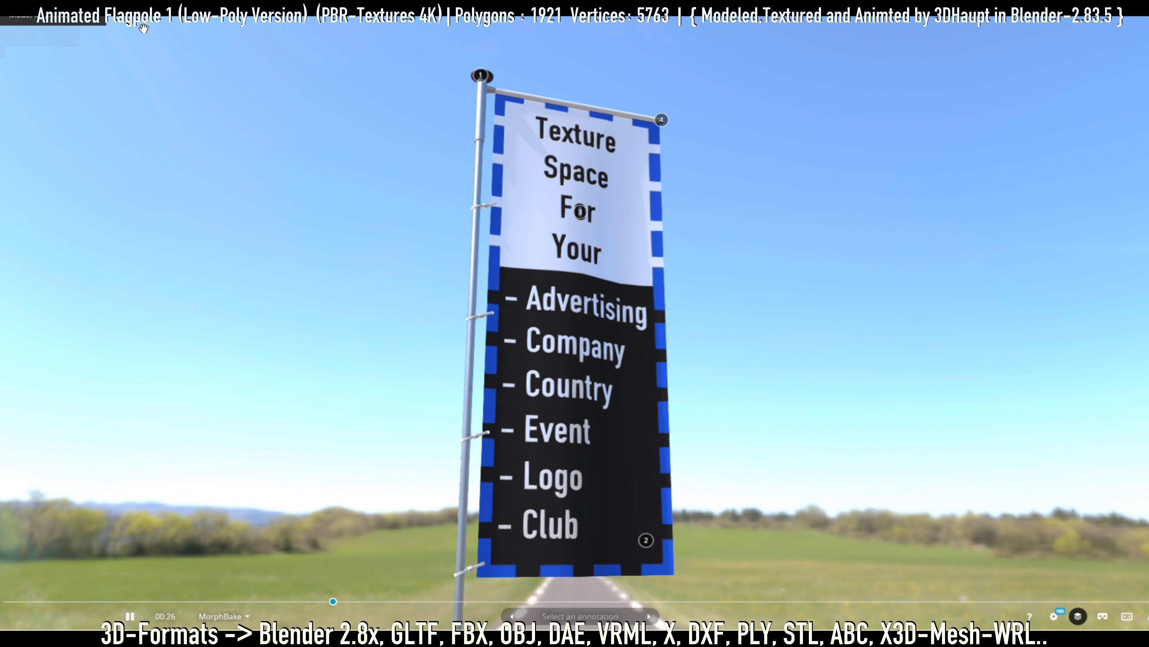 Animated Flag with Pole -1- Low-Poly Version Low-poly 3D model_32