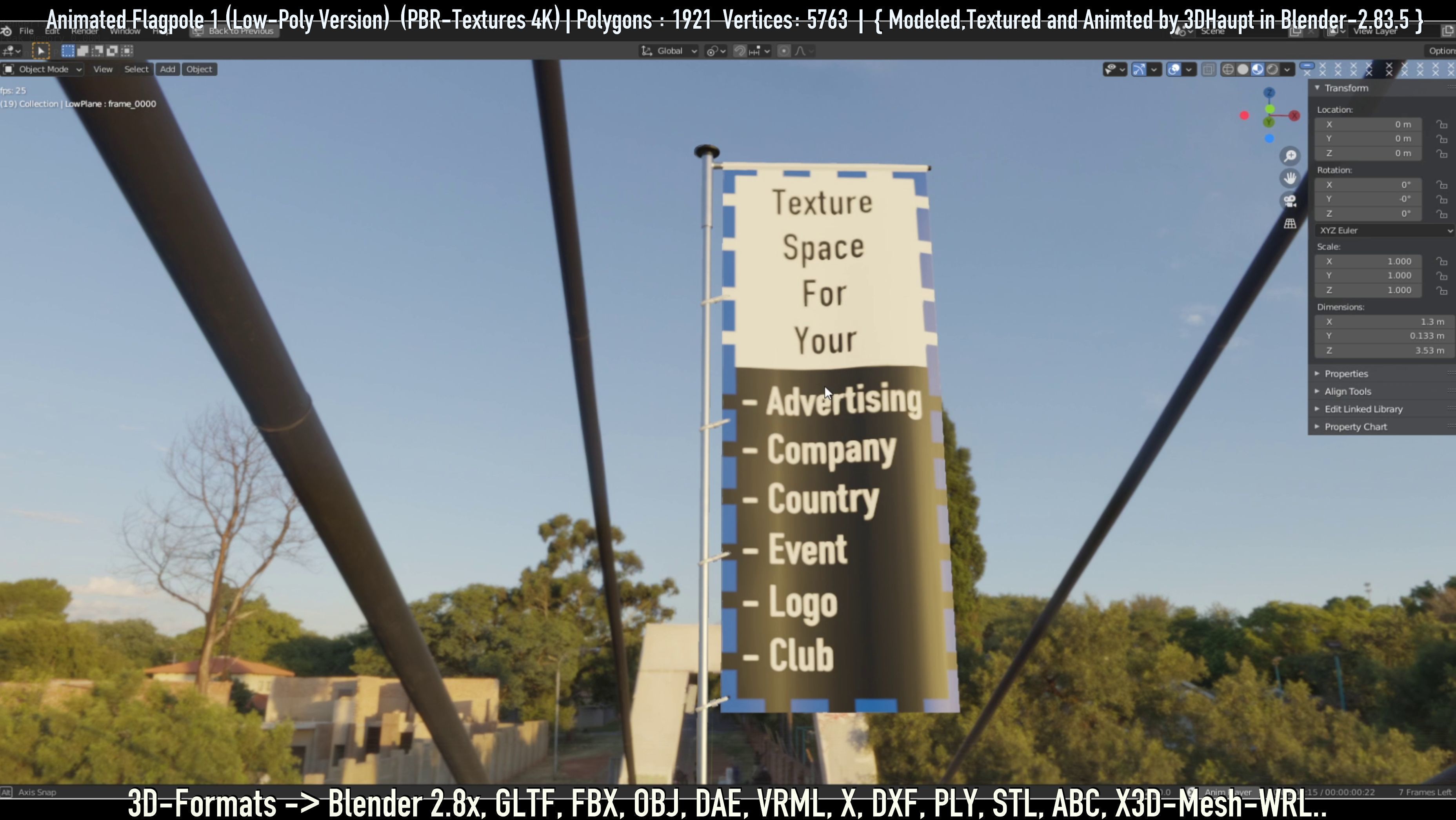 Animated Flag with Pole -1- Low-Poly Version Low-poly 3D model_52