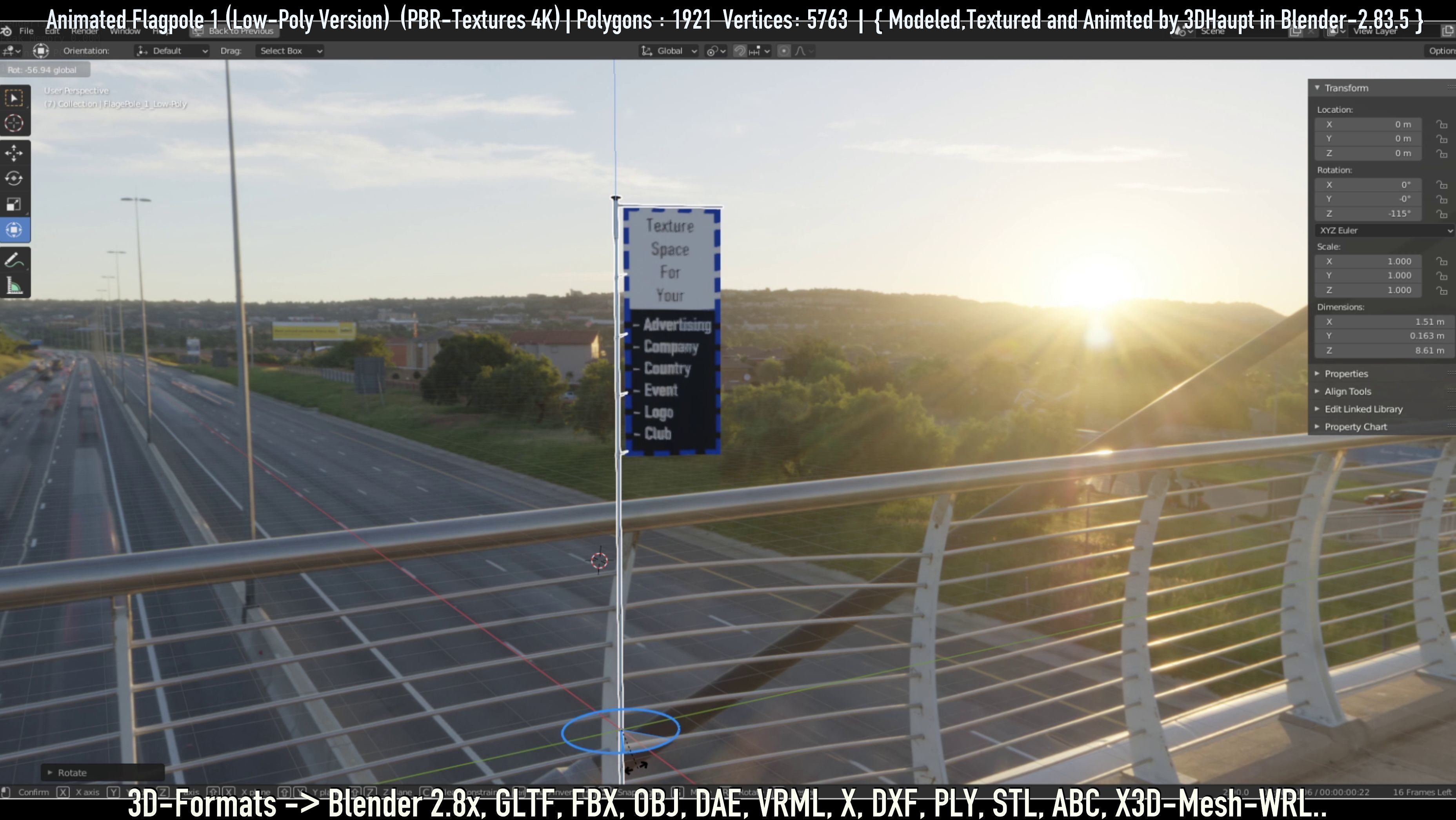 Animated Flag with Pole -1- Low-Poly Version Low-poly 3D model_80