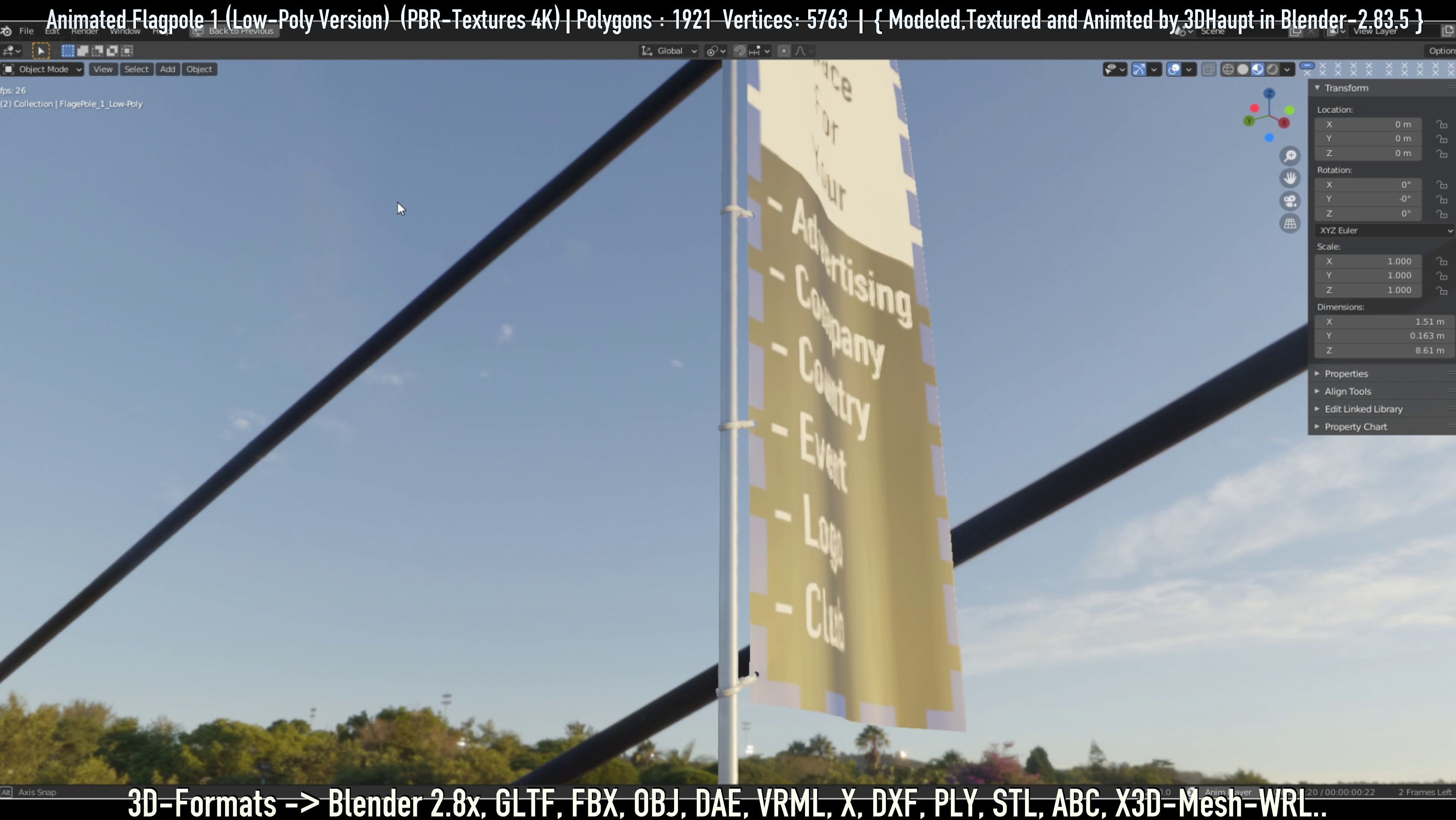 Animated Flag with Pole -1- Low-Poly Version Low-poly 3D model_78