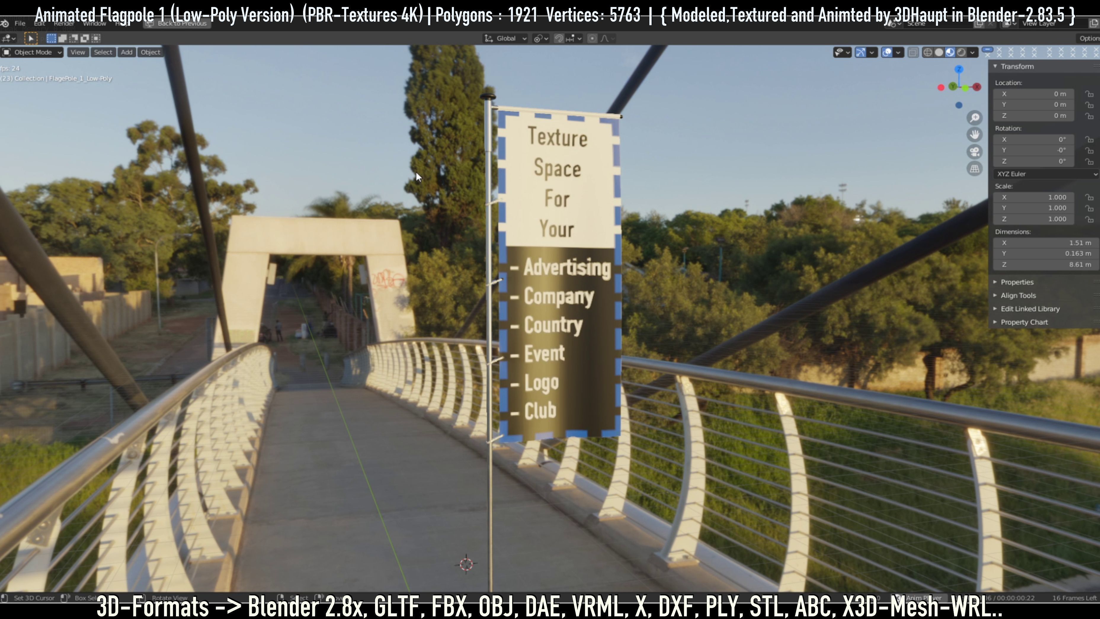 Animated Flag with Pole -1- Low-Poly Version Low-poly 3D model_19