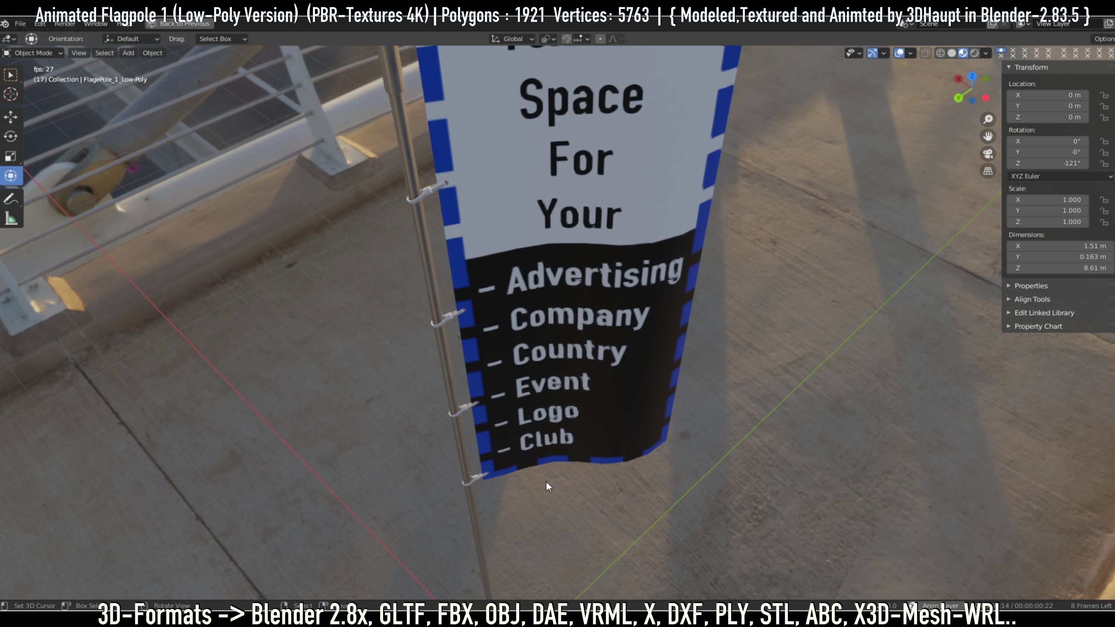 Animated Flag with Pole -1- Low-Poly Version Low-poly 3D model_83