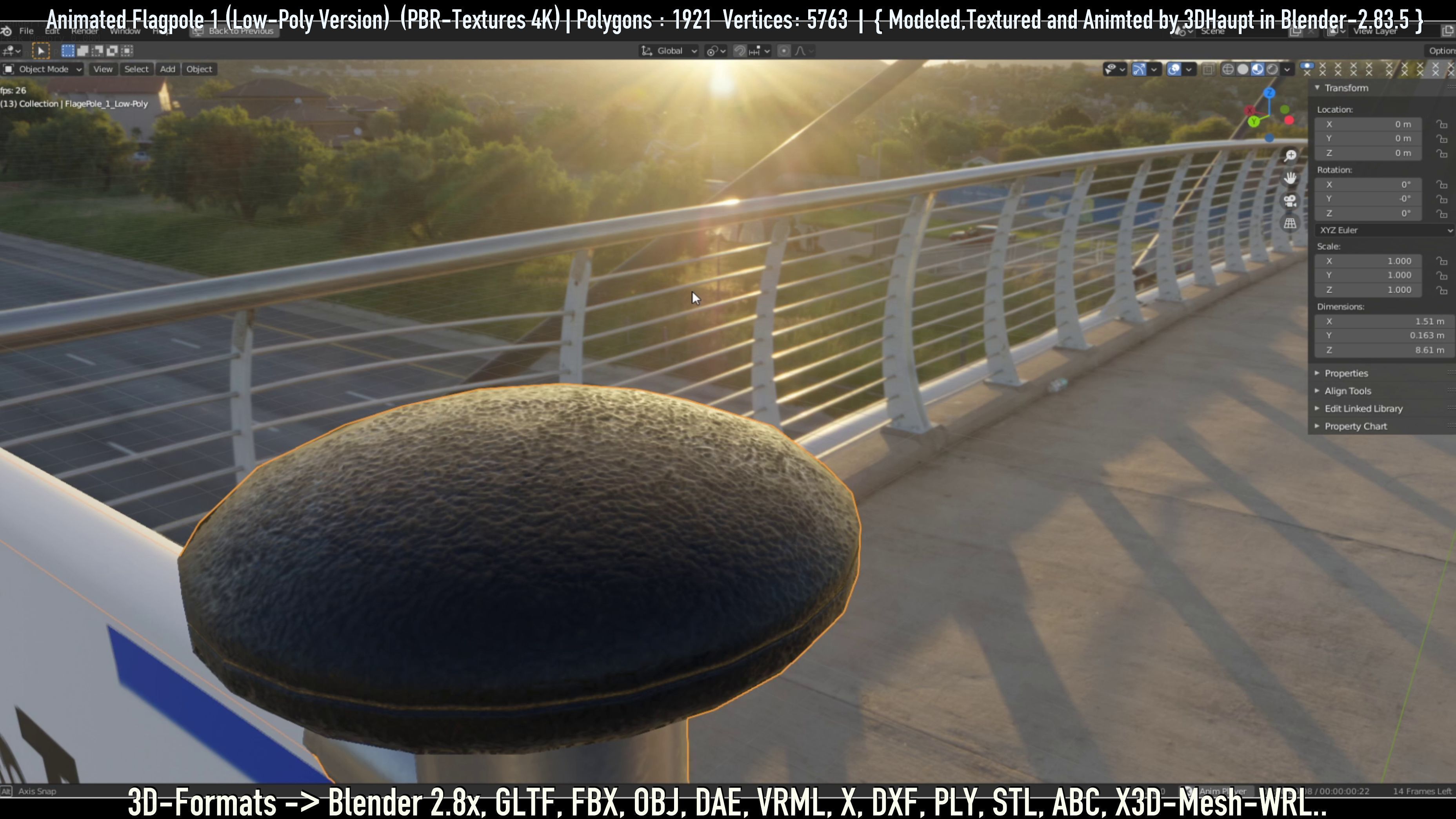 Animated Flag with Pole -1- Low-Poly Version Low-poly 3D model_3