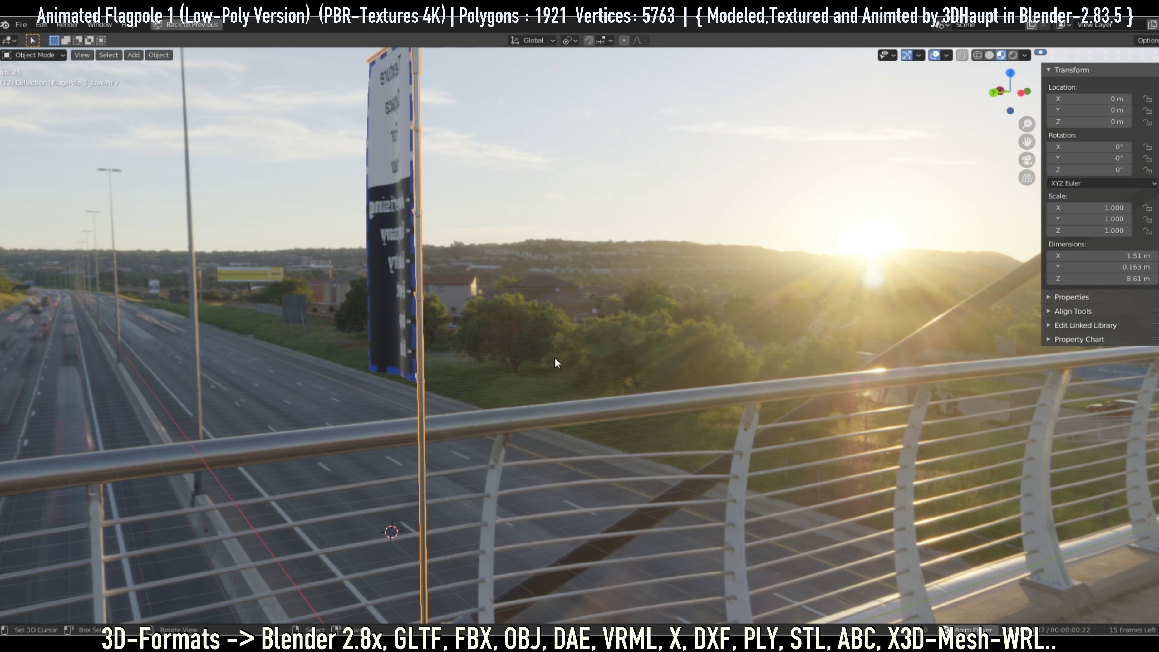 Animated Flag with Pole -1- Low-Poly Version Low-poly 3D model_44