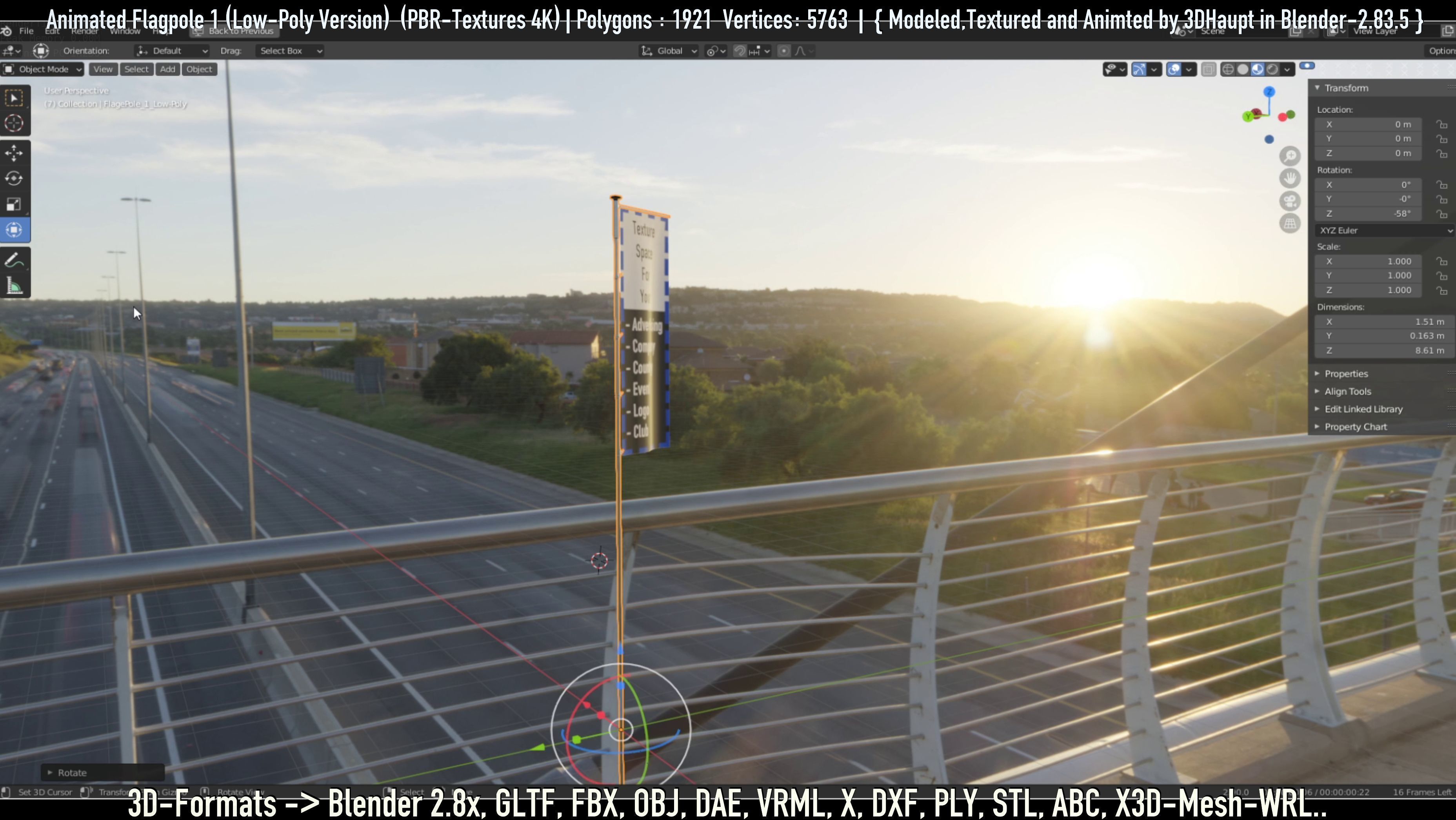 Animated Flag with Pole -1- Low-Poly Version Low-poly 3D model_38