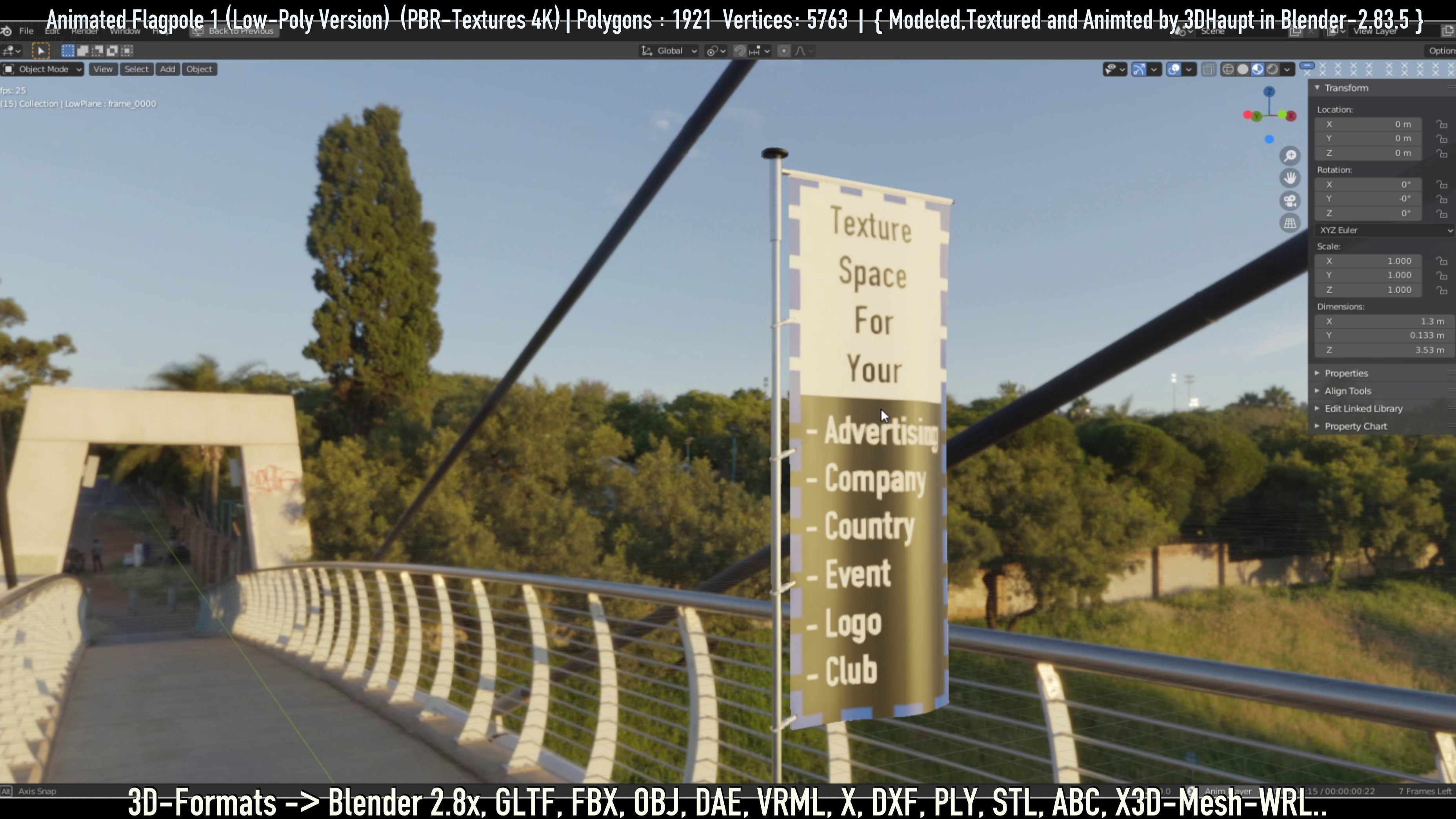 Animated Flag with Pole -1- Low-Poly Version Low-poly 3D model_4