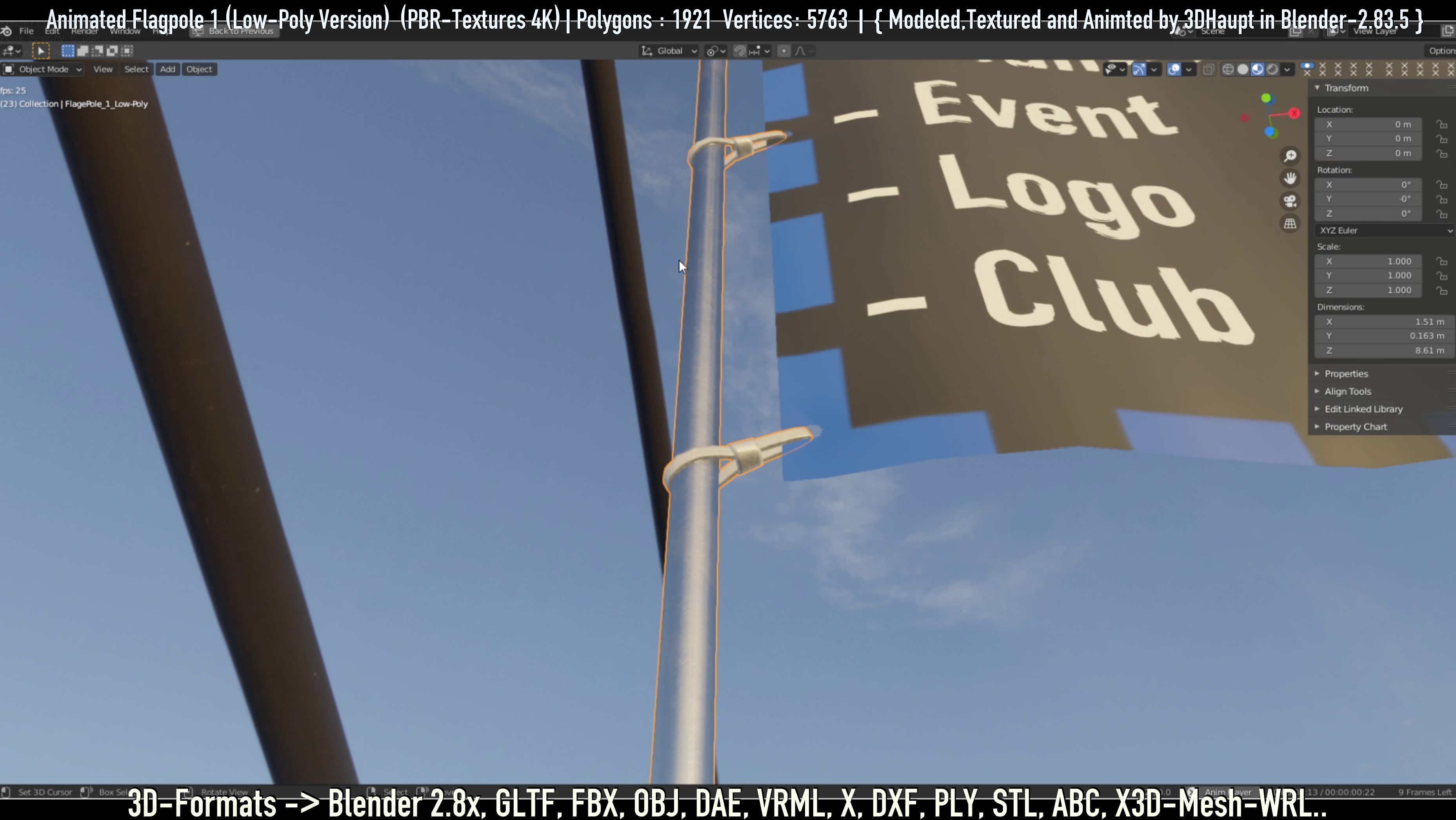 Animated Flag with Pole -1- Low-Poly Version Low-poly 3D model_73