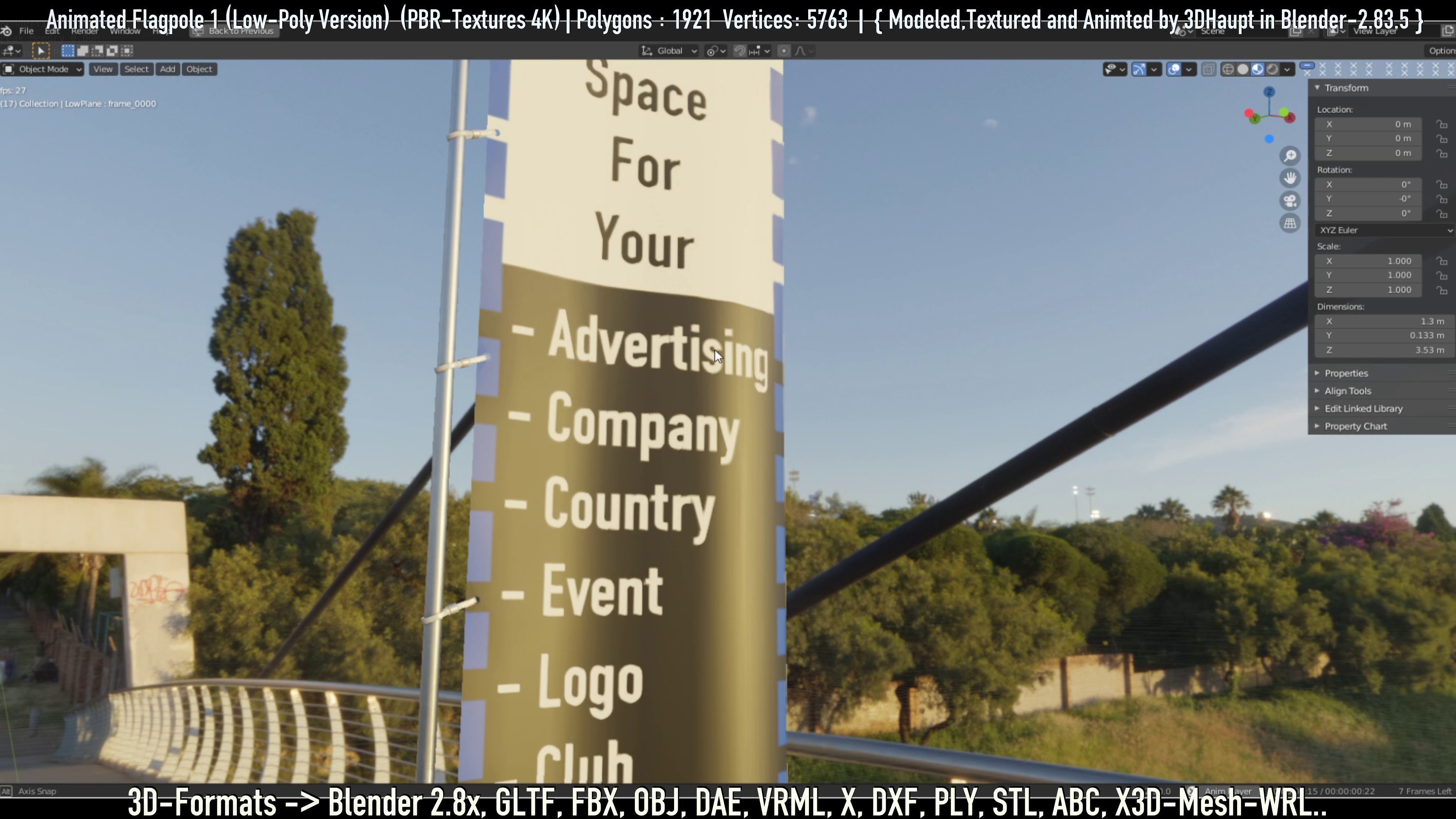 Animated Flag with Pole -1- Low-Poly Version Low-poly 3D model_5