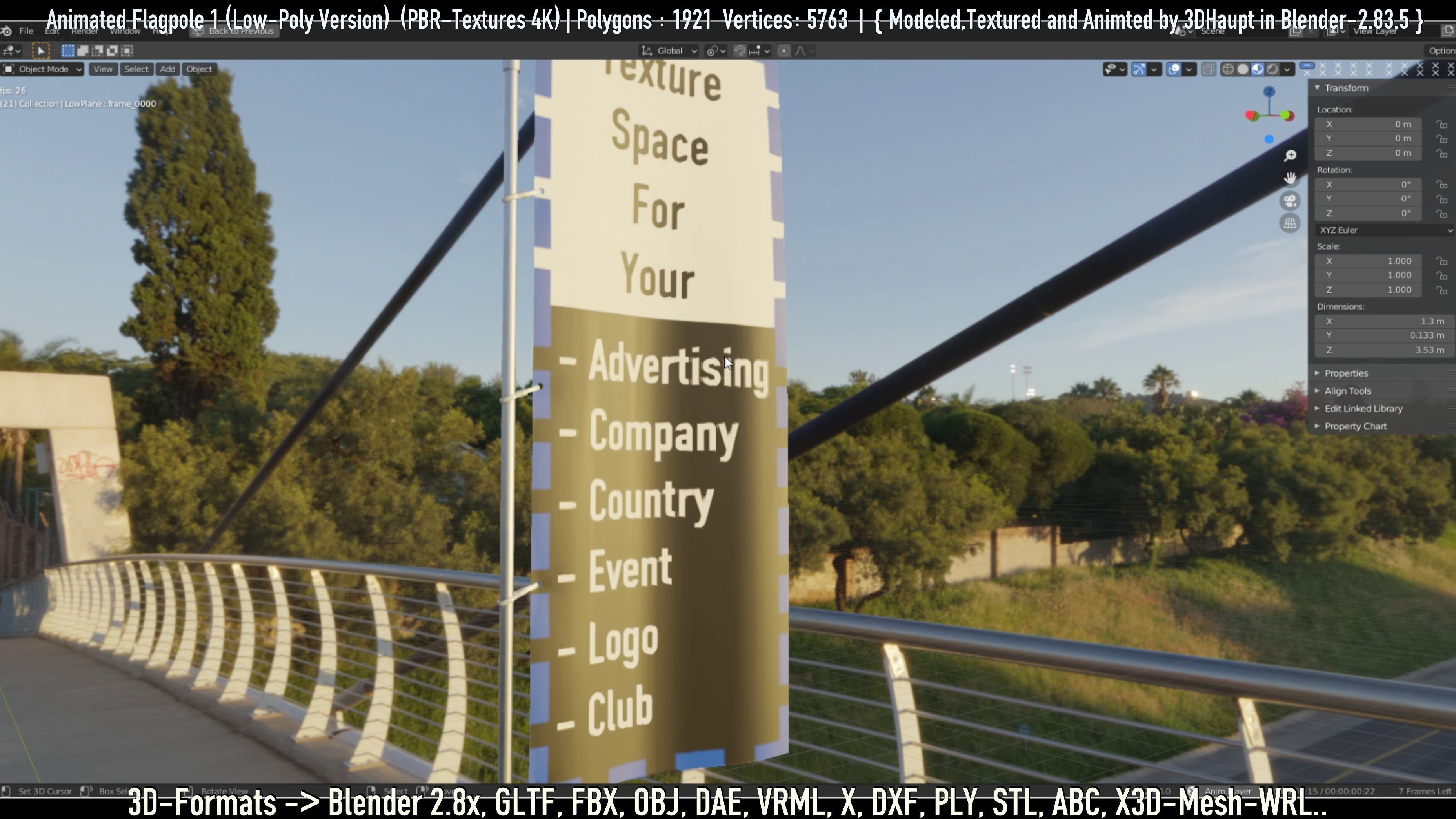 Animated Flag with Pole -1- Low-Poly Version Low-poly 3D model_25