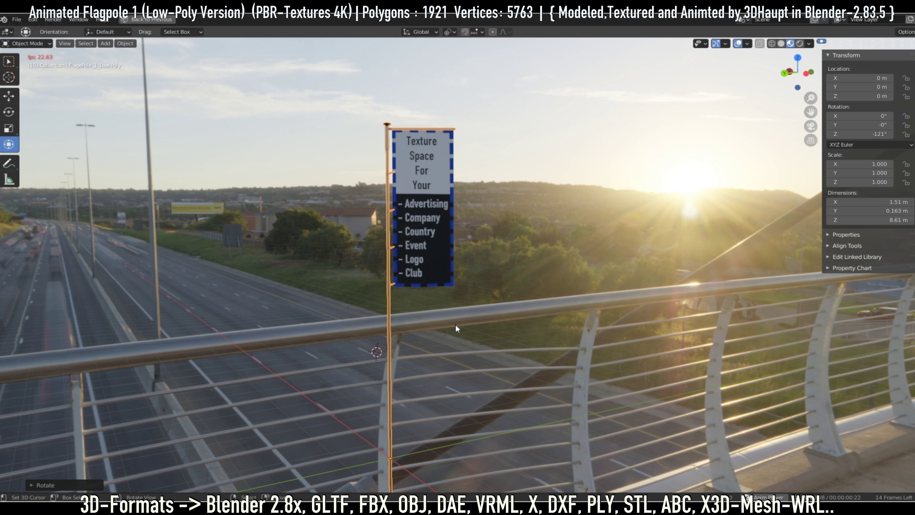 Animated Flag with Pole -1- Low-Poly Version Low-poly 3D model_61