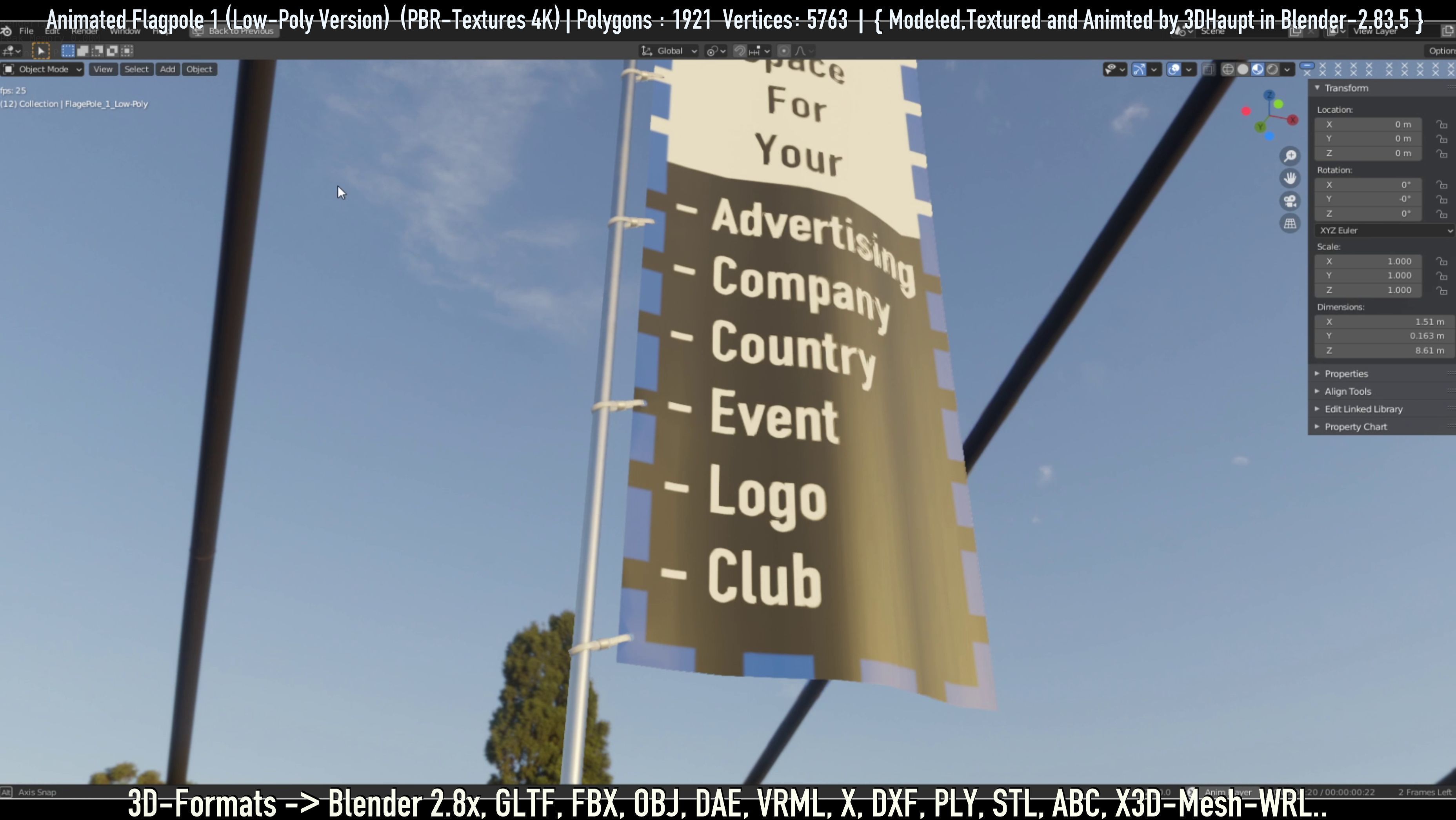 Animated Flag with Pole -1- Low-Poly Version Low-poly 3D model_74