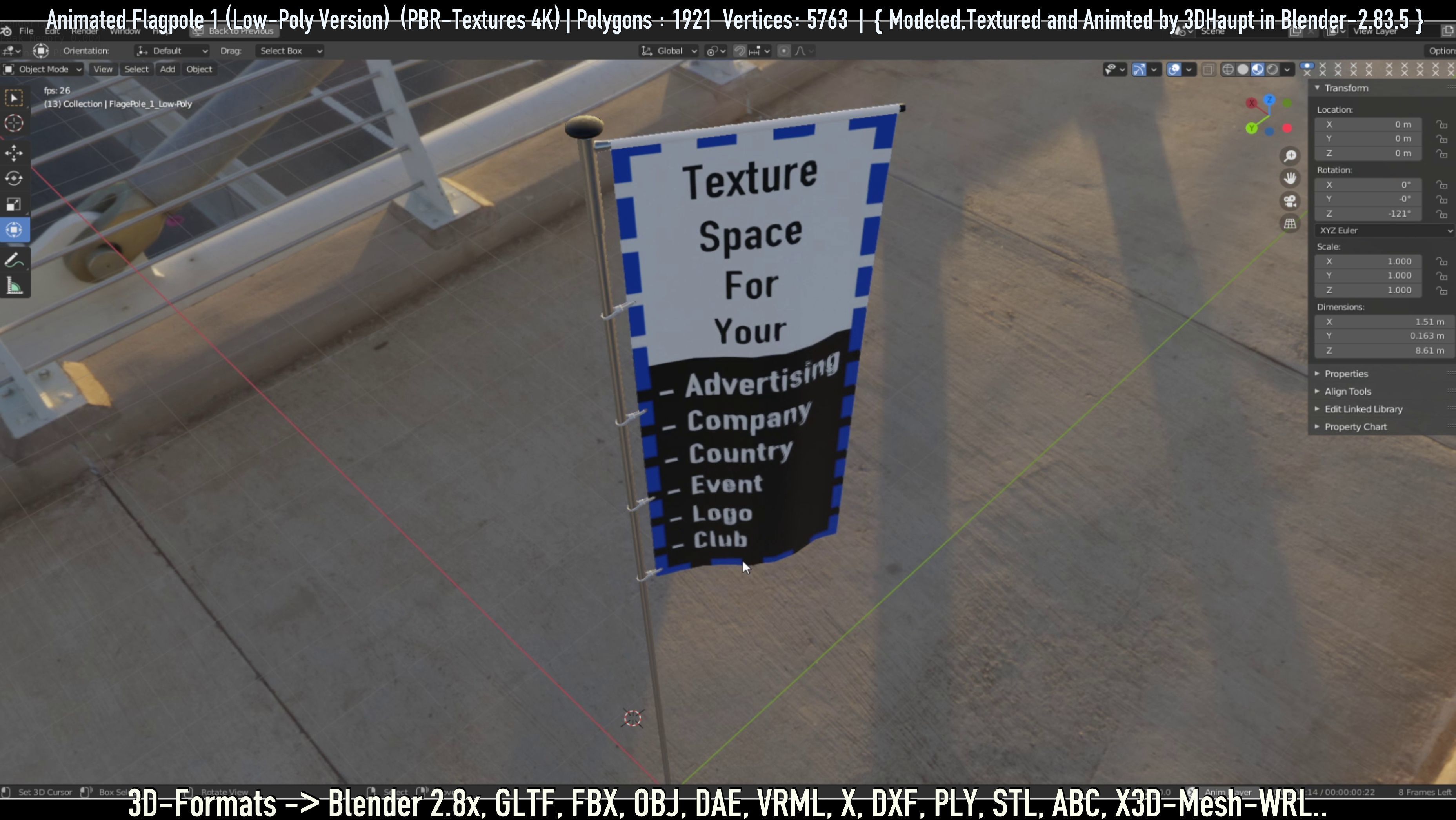 Animated Flag with Pole -1- Low-Poly Version Low-poly 3D model_26