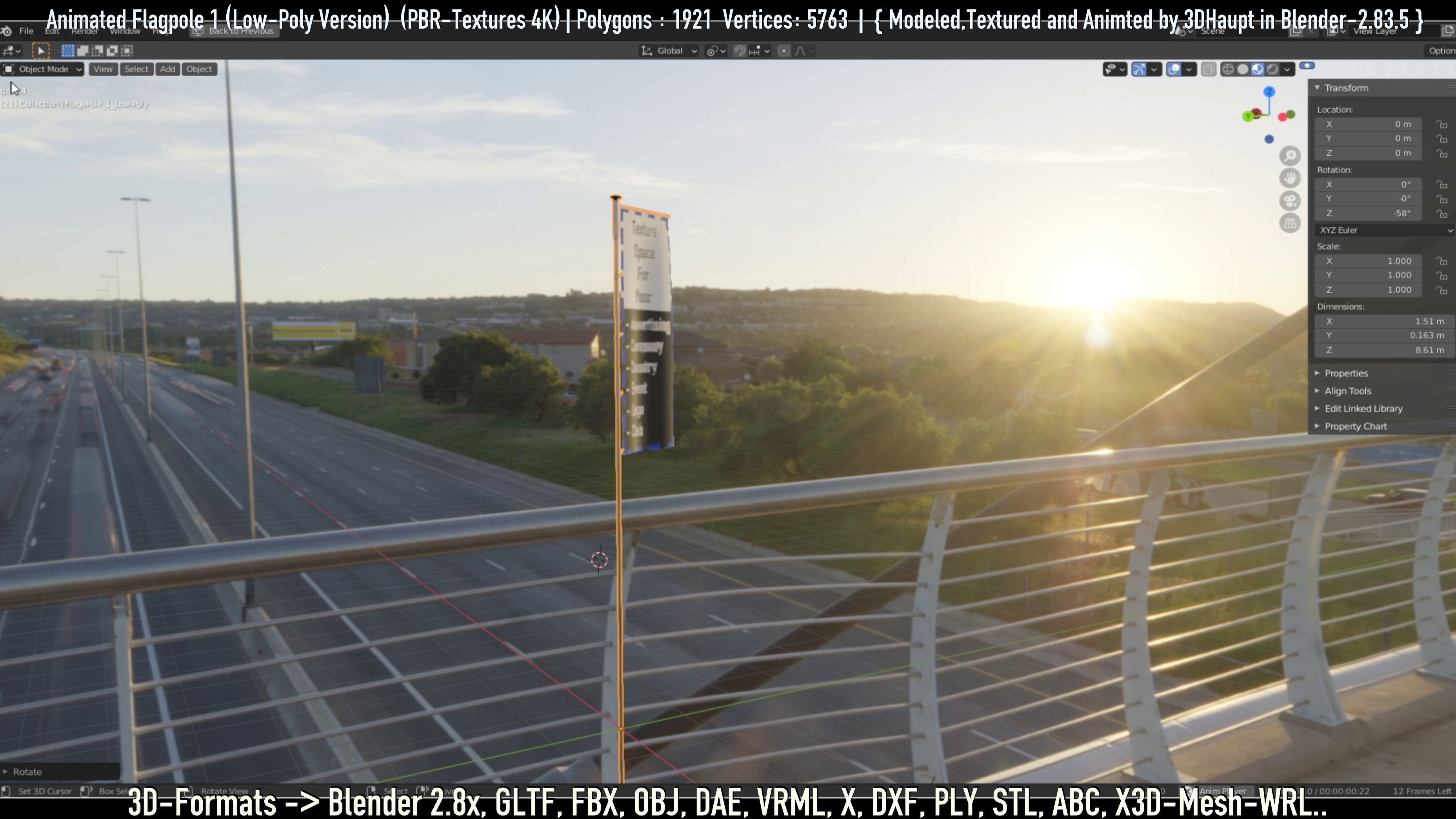 Animated Flag with Pole -1- Low-Poly Version Low-poly 3D model_55