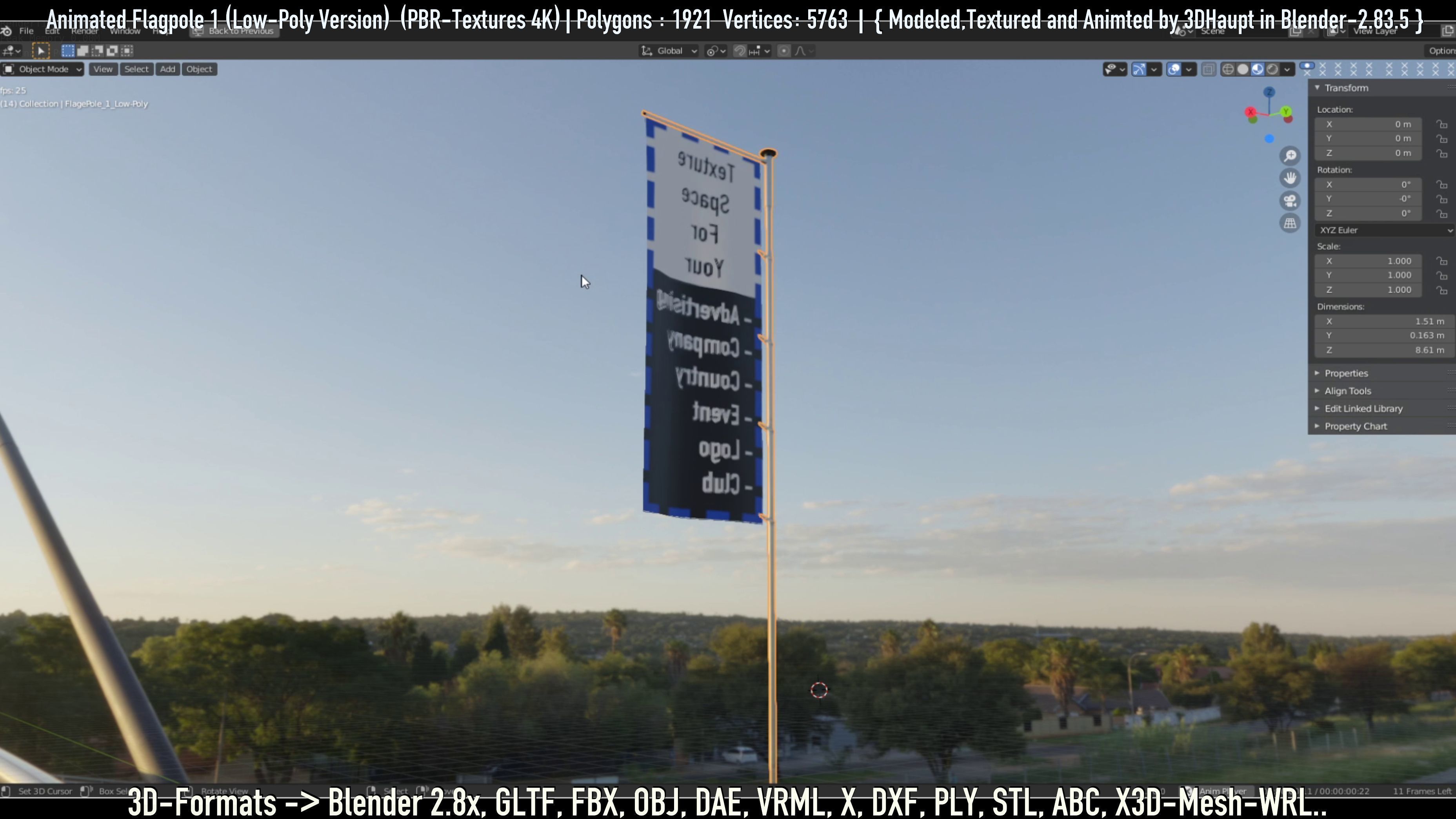 Animated Flag with Pole -1- Low-Poly Version Low-poly 3D model_57