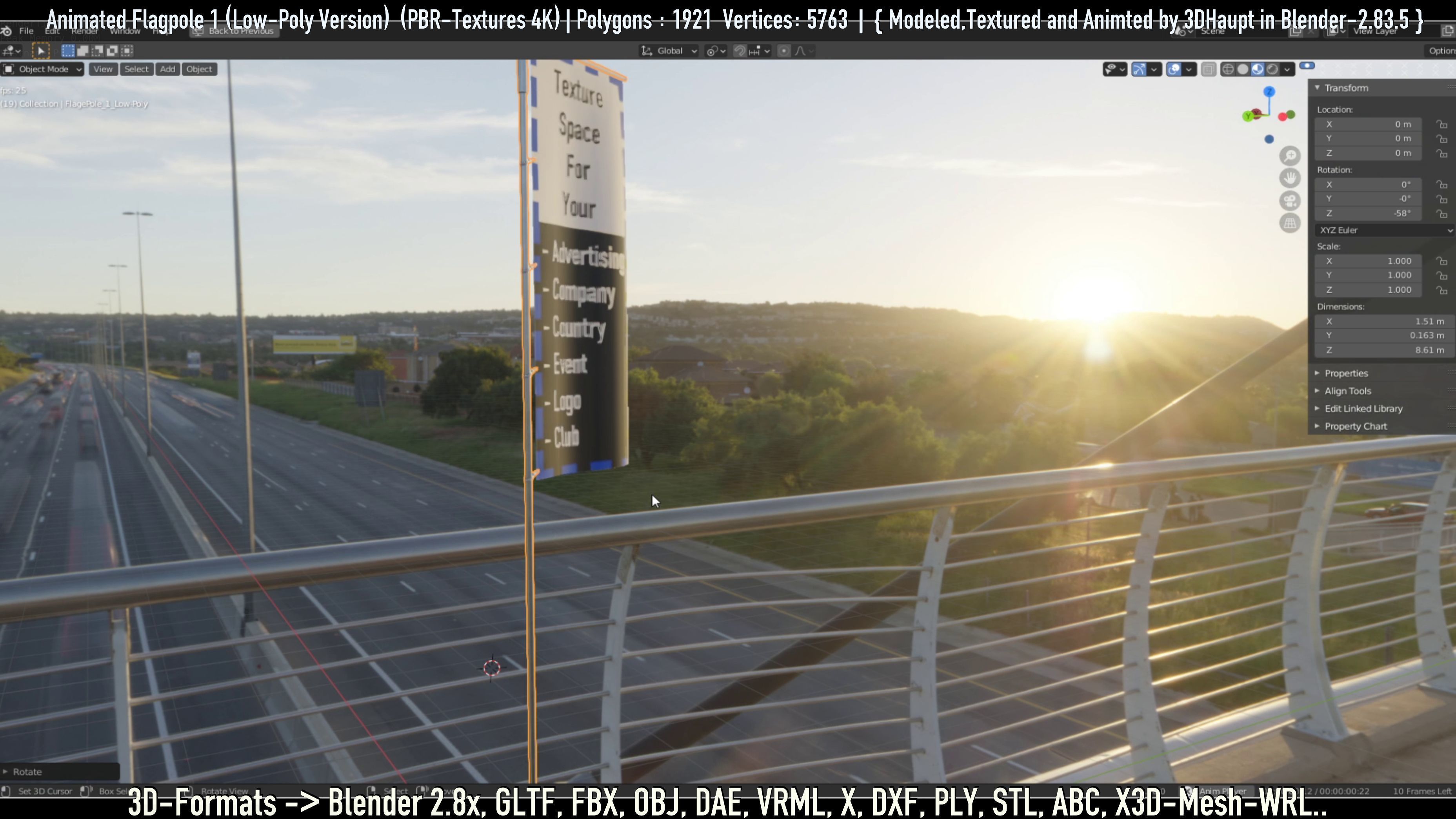 Animated Flag with Pole -1- Low-Poly Version Low-poly 3D model_18