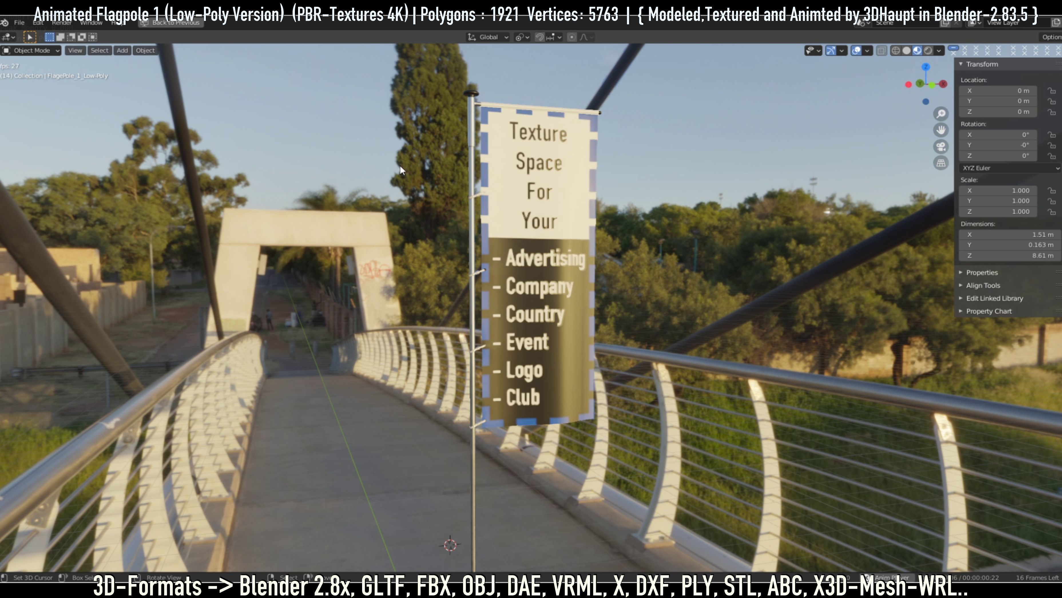 Animated Flag with Pole -1- Low-Poly Version Low-poly 3D model_84