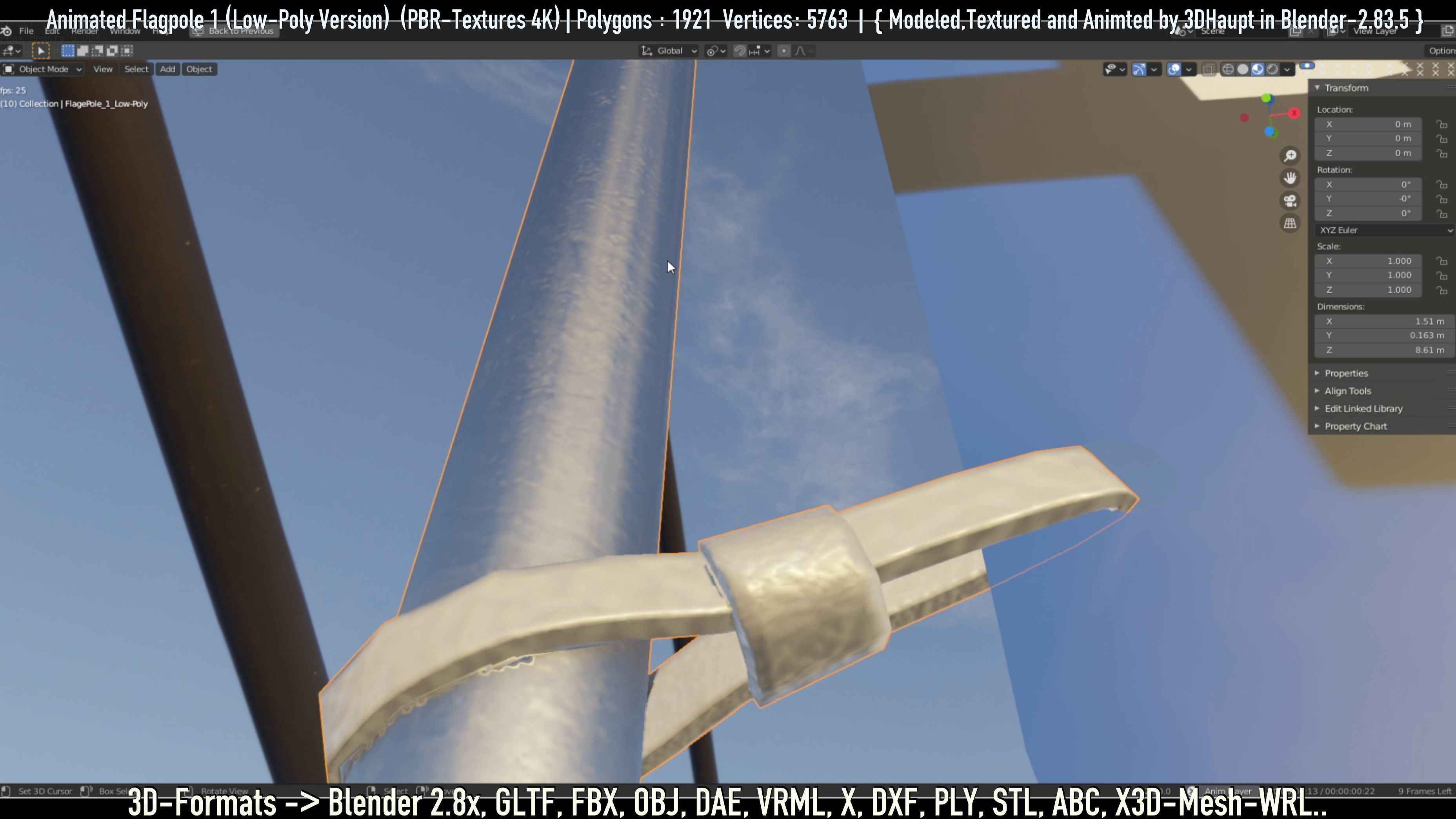 Animated Flag with Pole -1- Low-Poly Version Low-poly 3D model_6