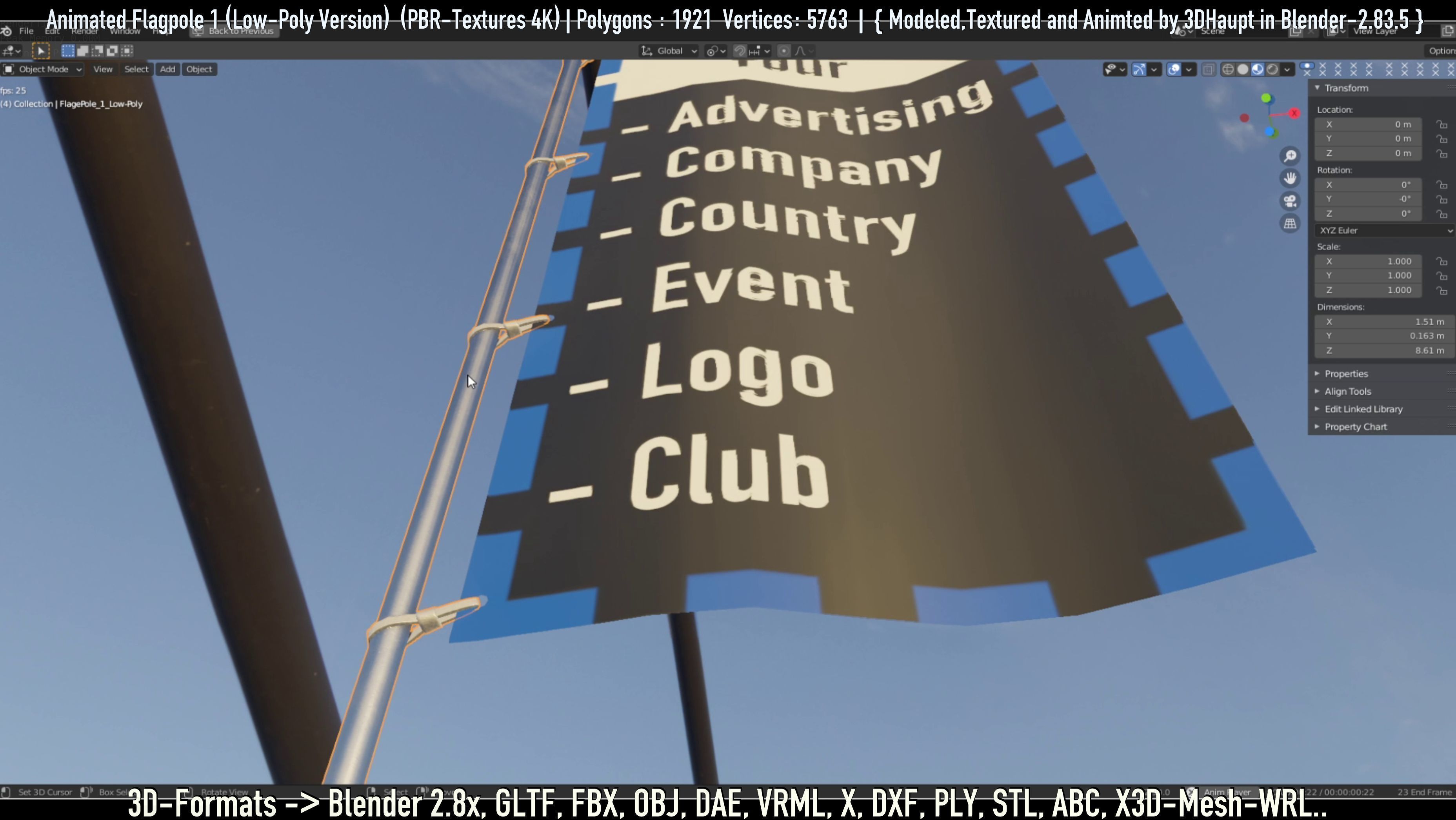 Animated Flag with Pole -1- Low-Poly Version Low-poly 3D model_53