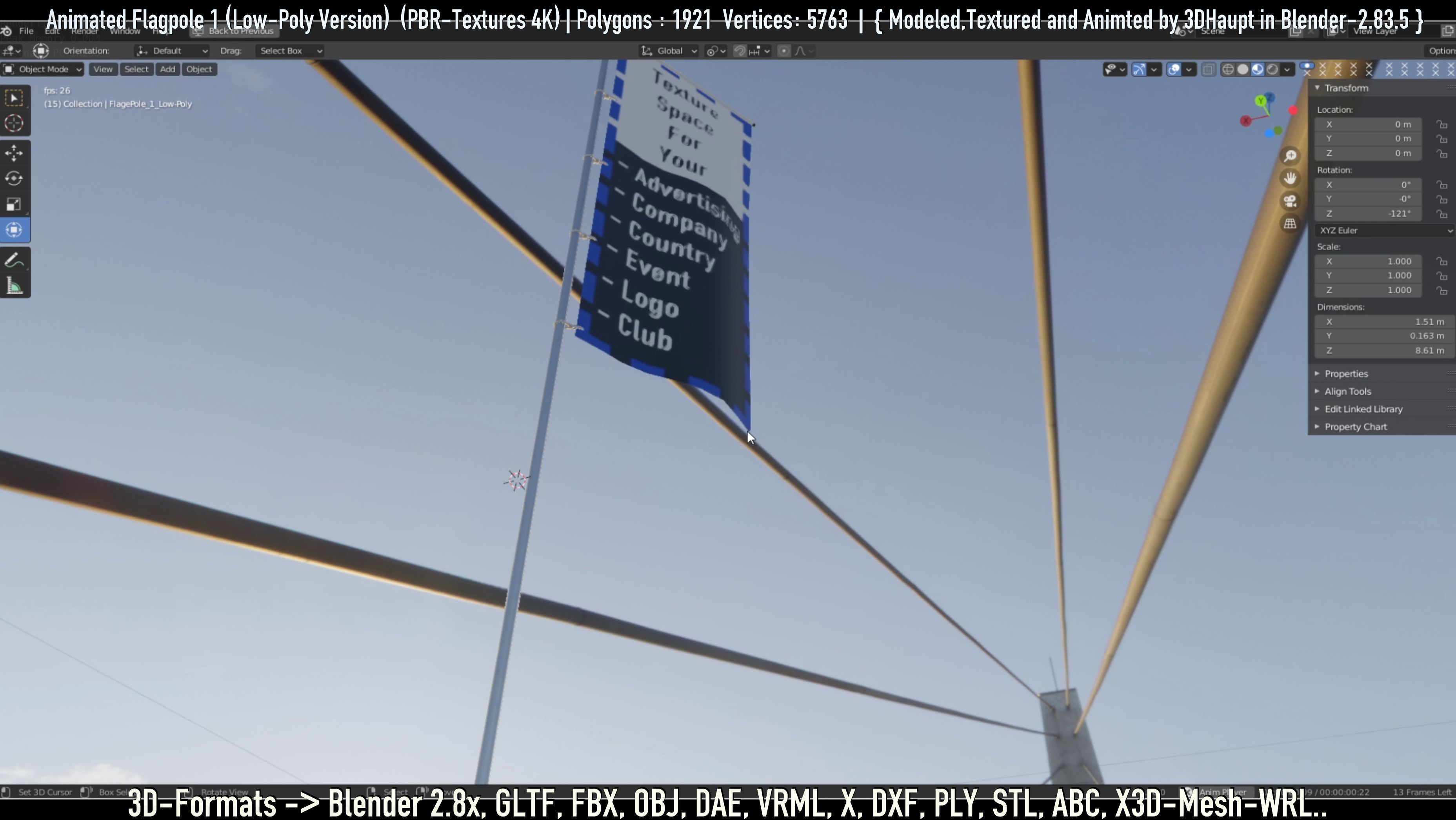 Animated Flag with Pole -1- Low-Poly Version Low-poly 3D model_10