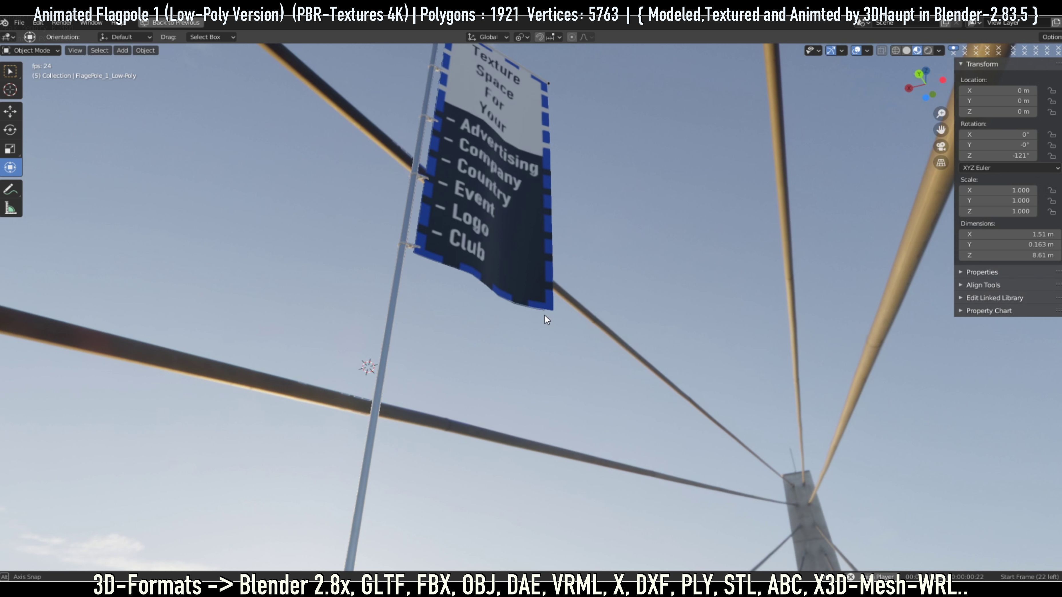 Animated Flag with Pole -1- Low-Poly Version Low-poly 3D model_62