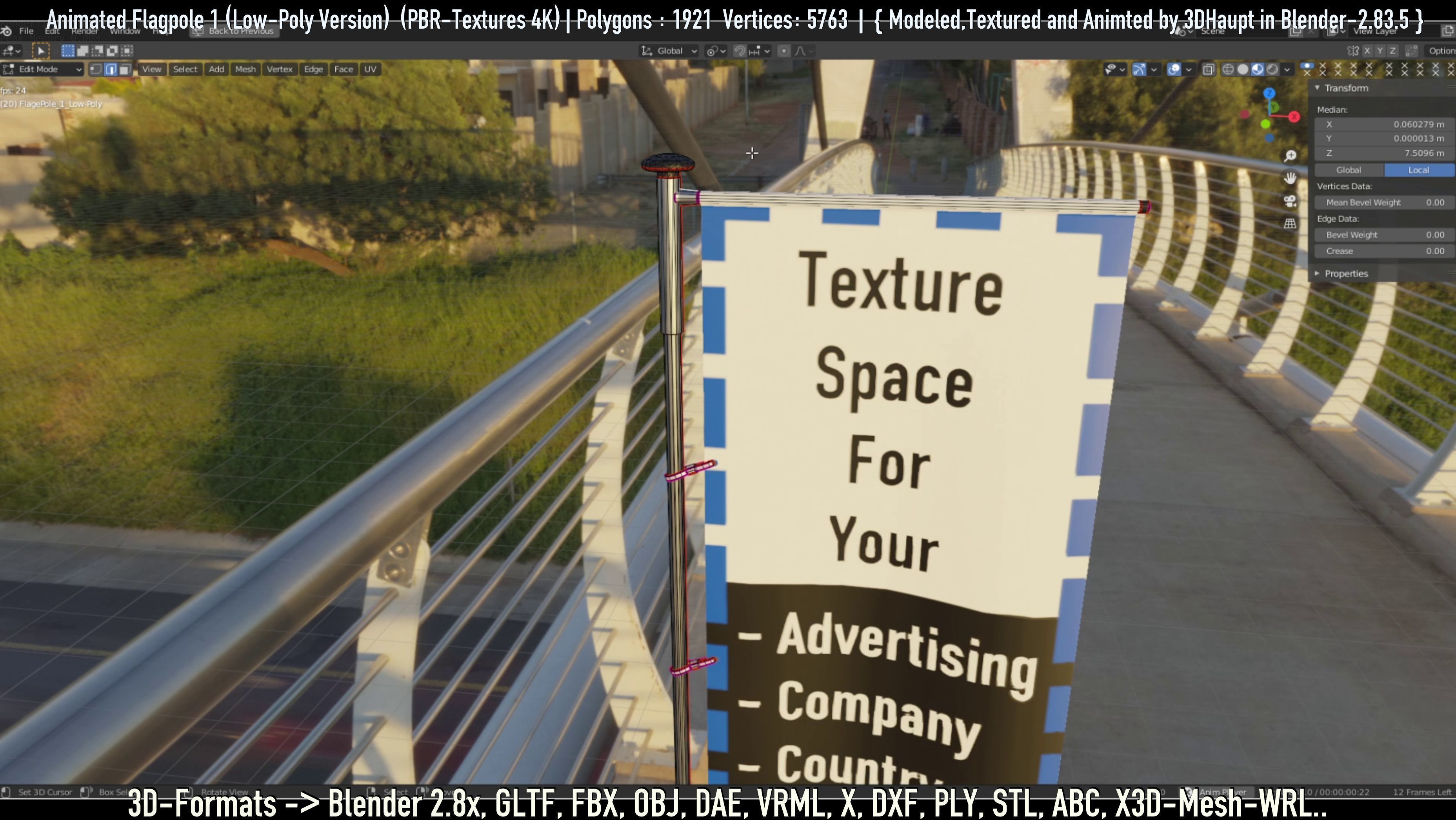 Animated Flag with Pole -1- Low-Poly Version Low-poly 3D model_7