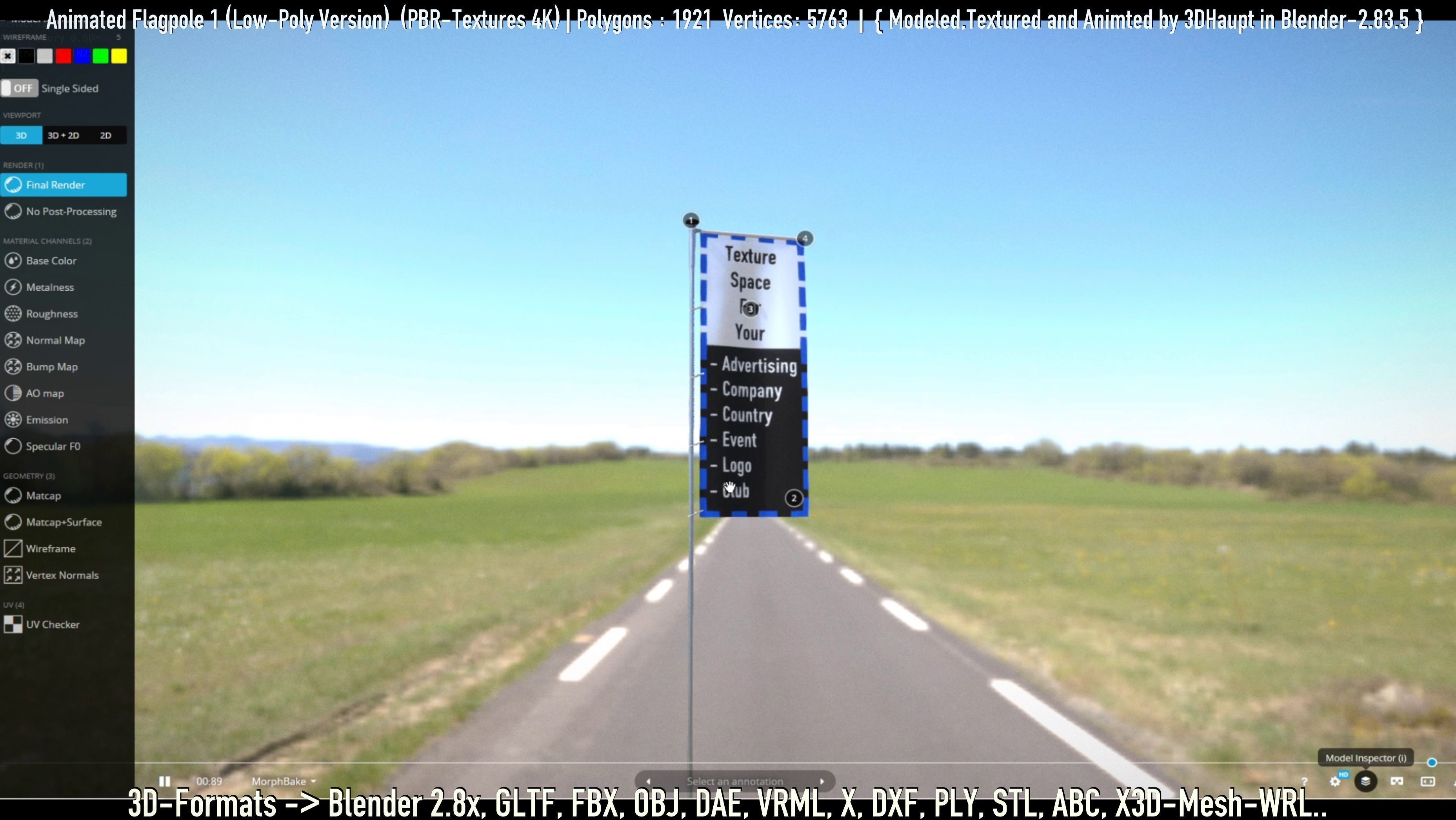 Animated Flag with Pole -1- Low-Poly Version Low-poly 3D model_36