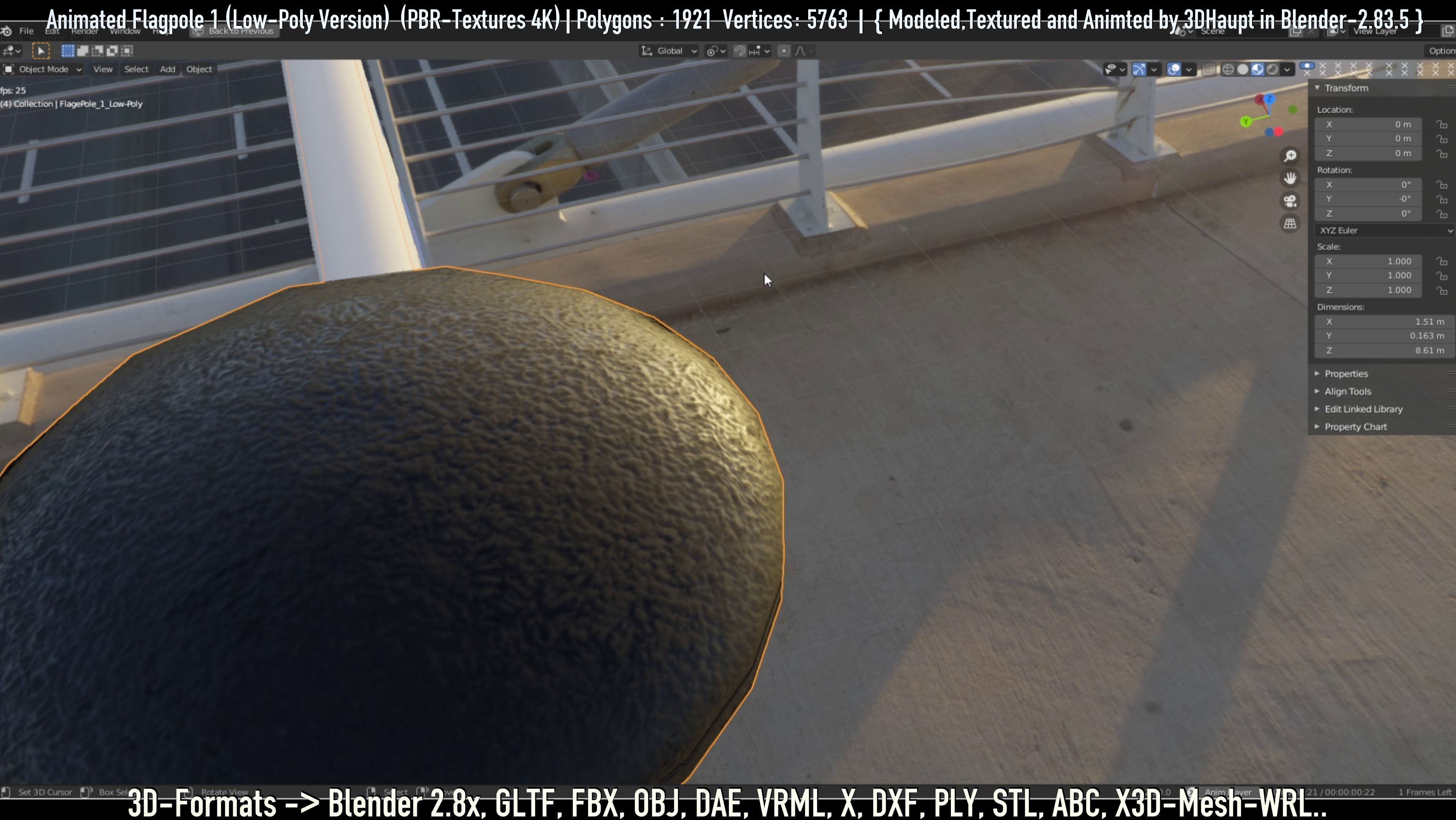 Animated Flag with Pole -1- Low-Poly Version Low-poly 3D model_28