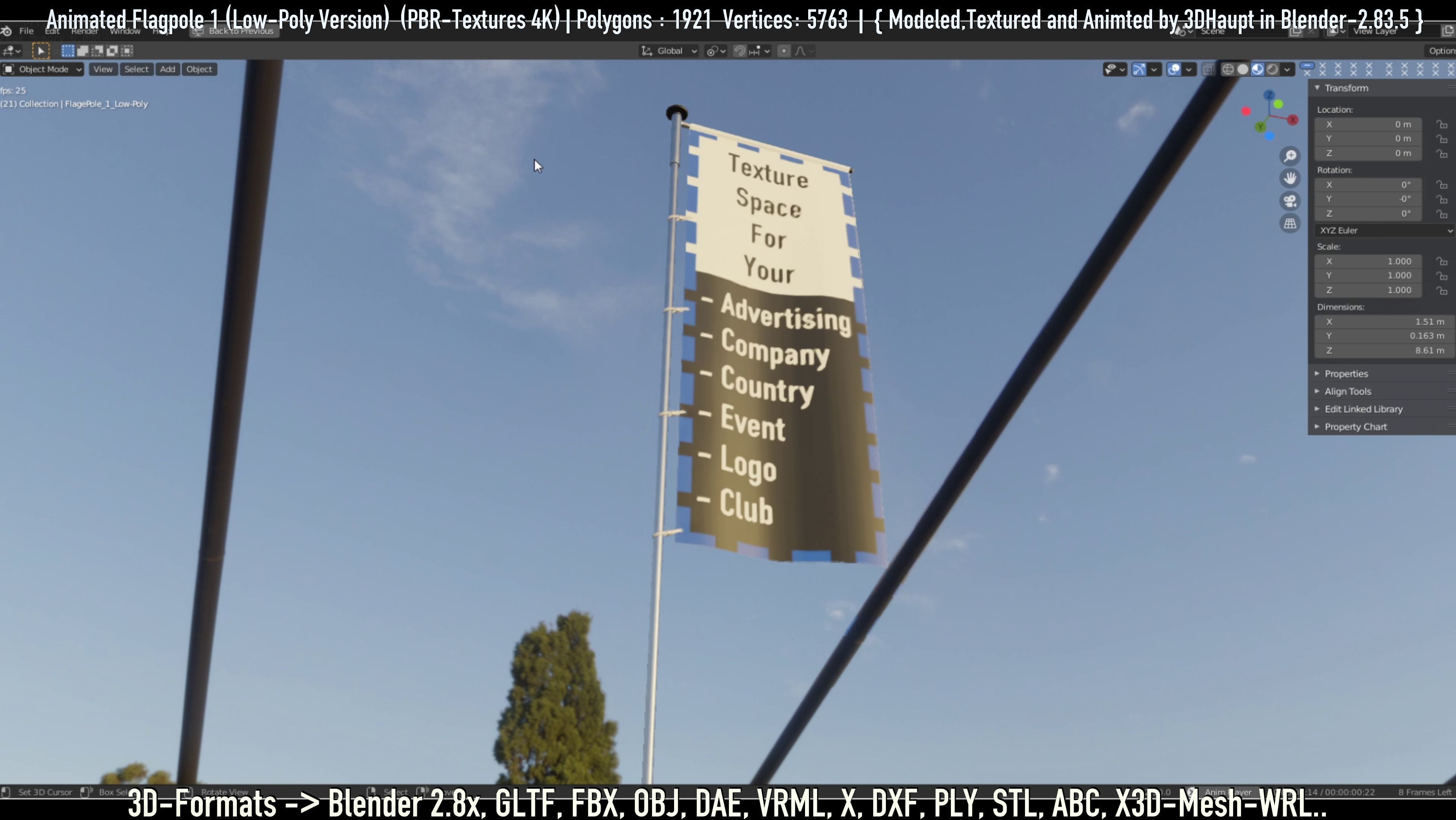 Animated Flag with Pole -1- Low-Poly Version Low-poly 3D model_30