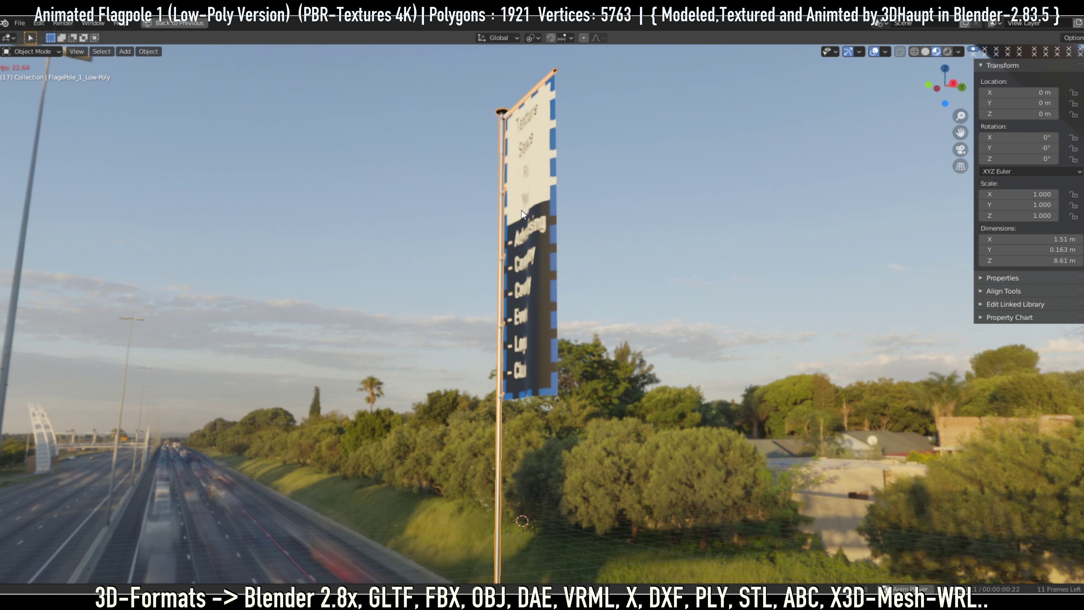 Animated Flag with Pole -1- Low-Poly Version Low-poly 3D model_75