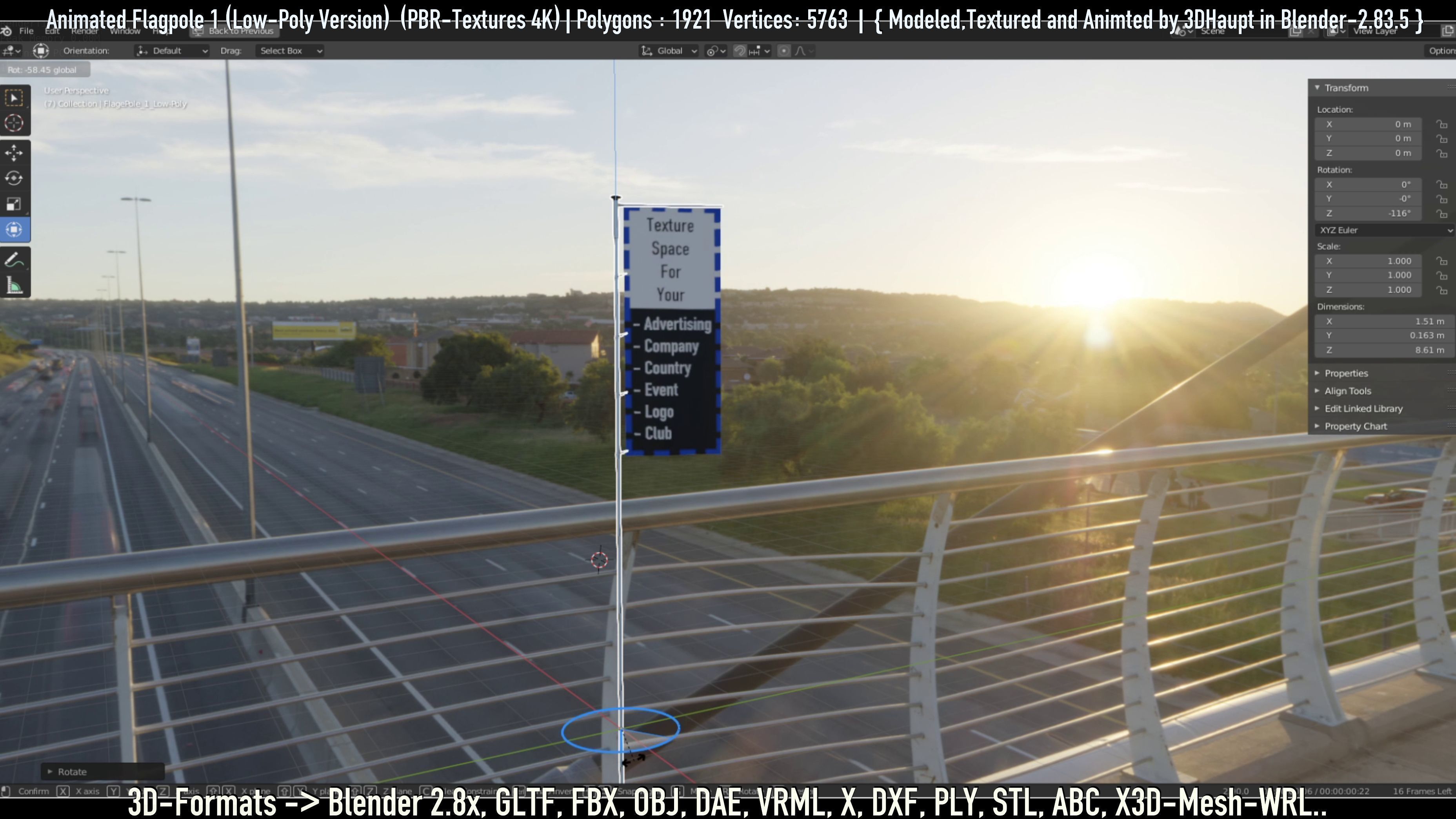 Animated Flag with Pole -1- Low-Poly Version Low-poly 3D model_59