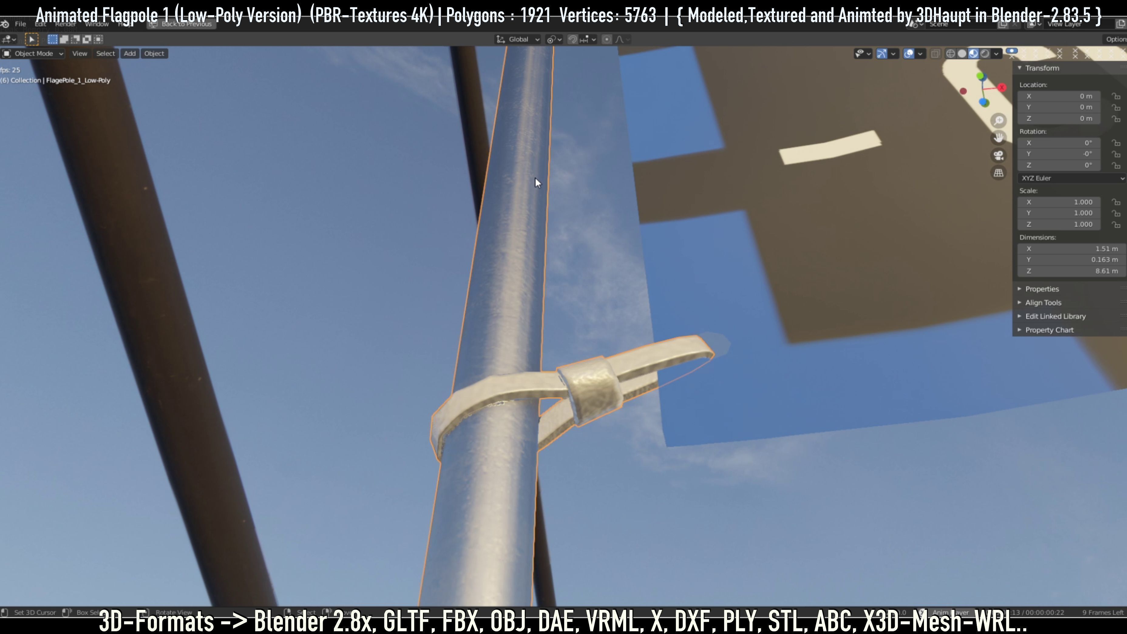 Animated Flag with Pole -1- Low-Poly Version Low-poly 3D model_54