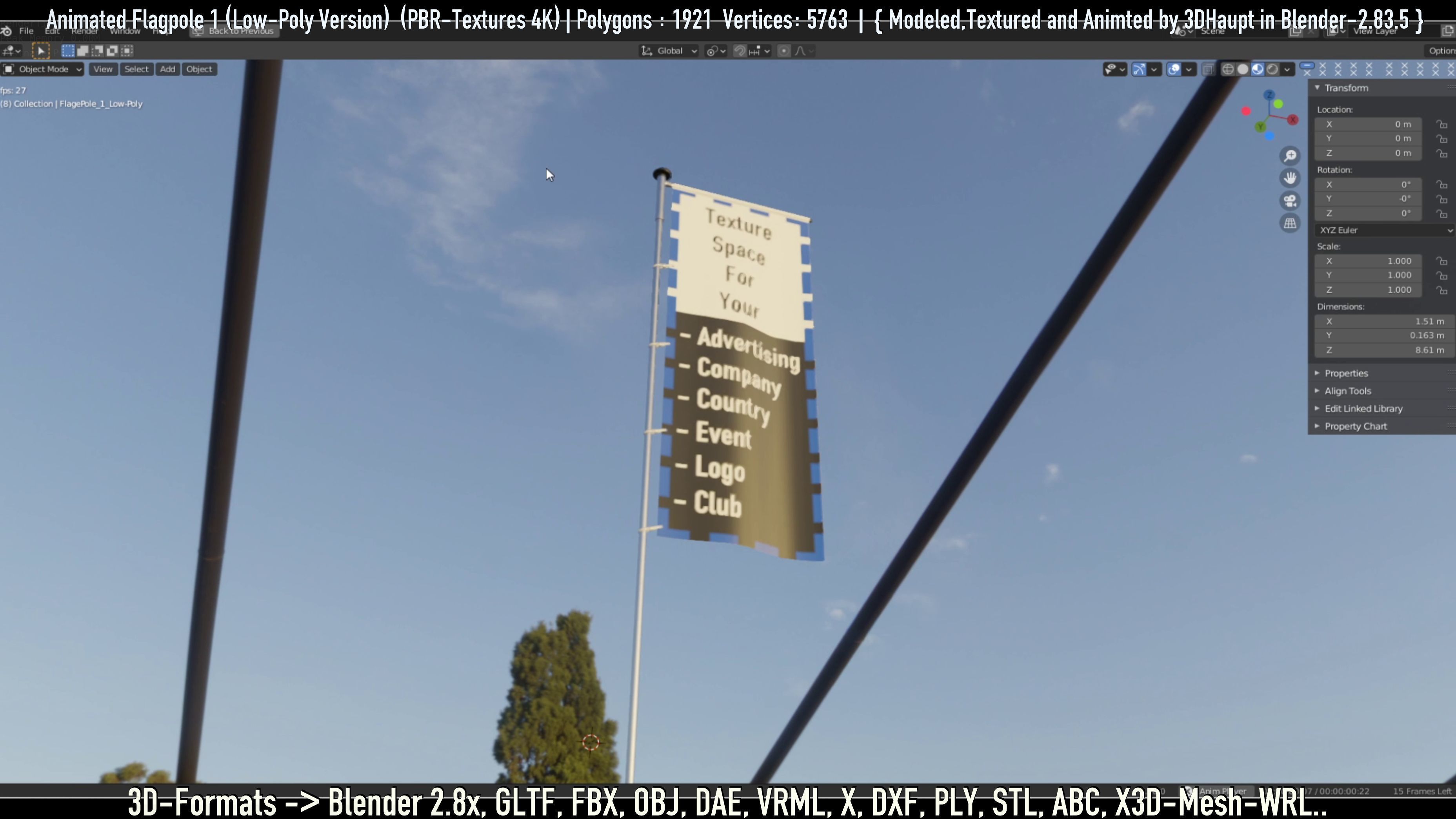 Animated Flag with Pole -1- Low-Poly Version Low-poly 3D model_9