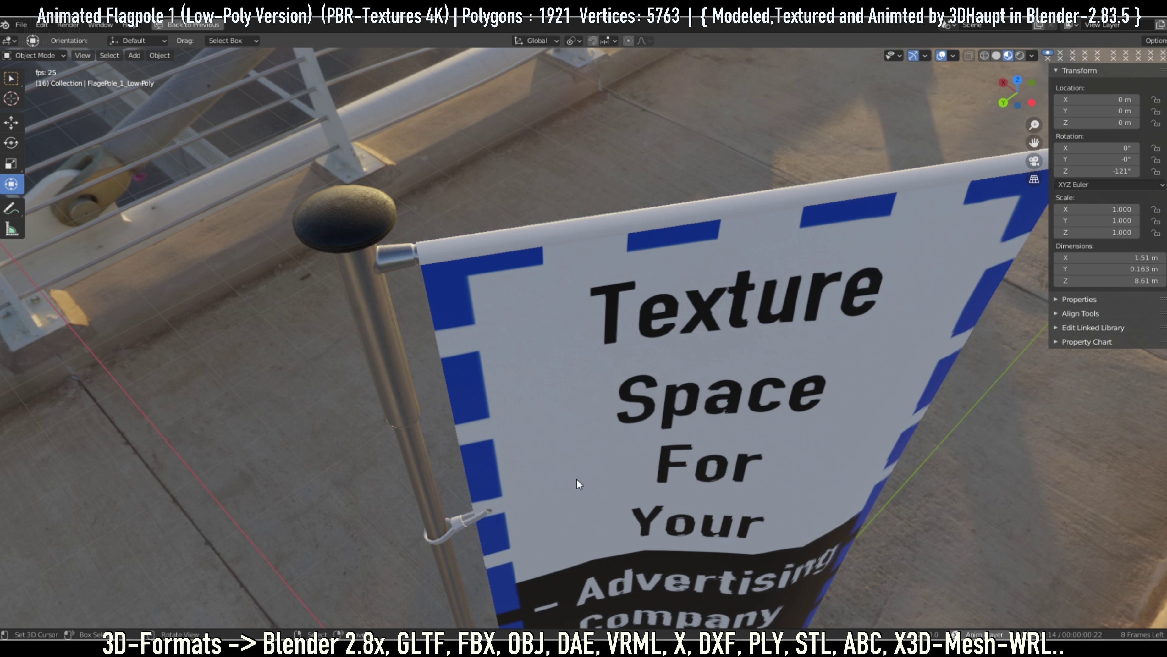 Animated Flag with Pole -1- Low-Poly Version Low-poly 3D model_31