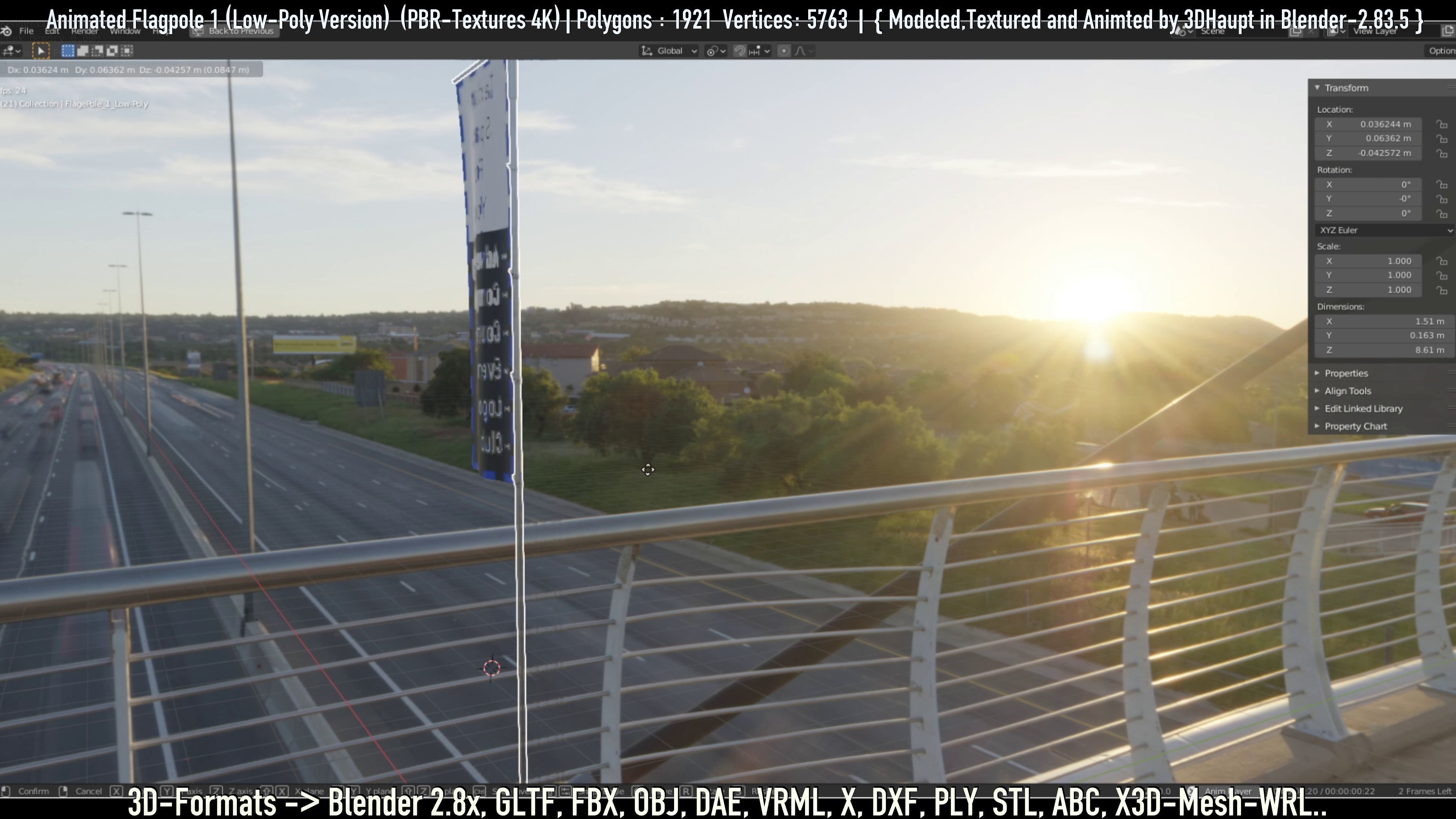 Animated Flag with Pole -1- Low-Poly Version Low-poly 3D model_72