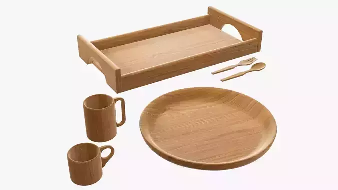 wooden flatware tableware dinnerware set 3D Model Collection