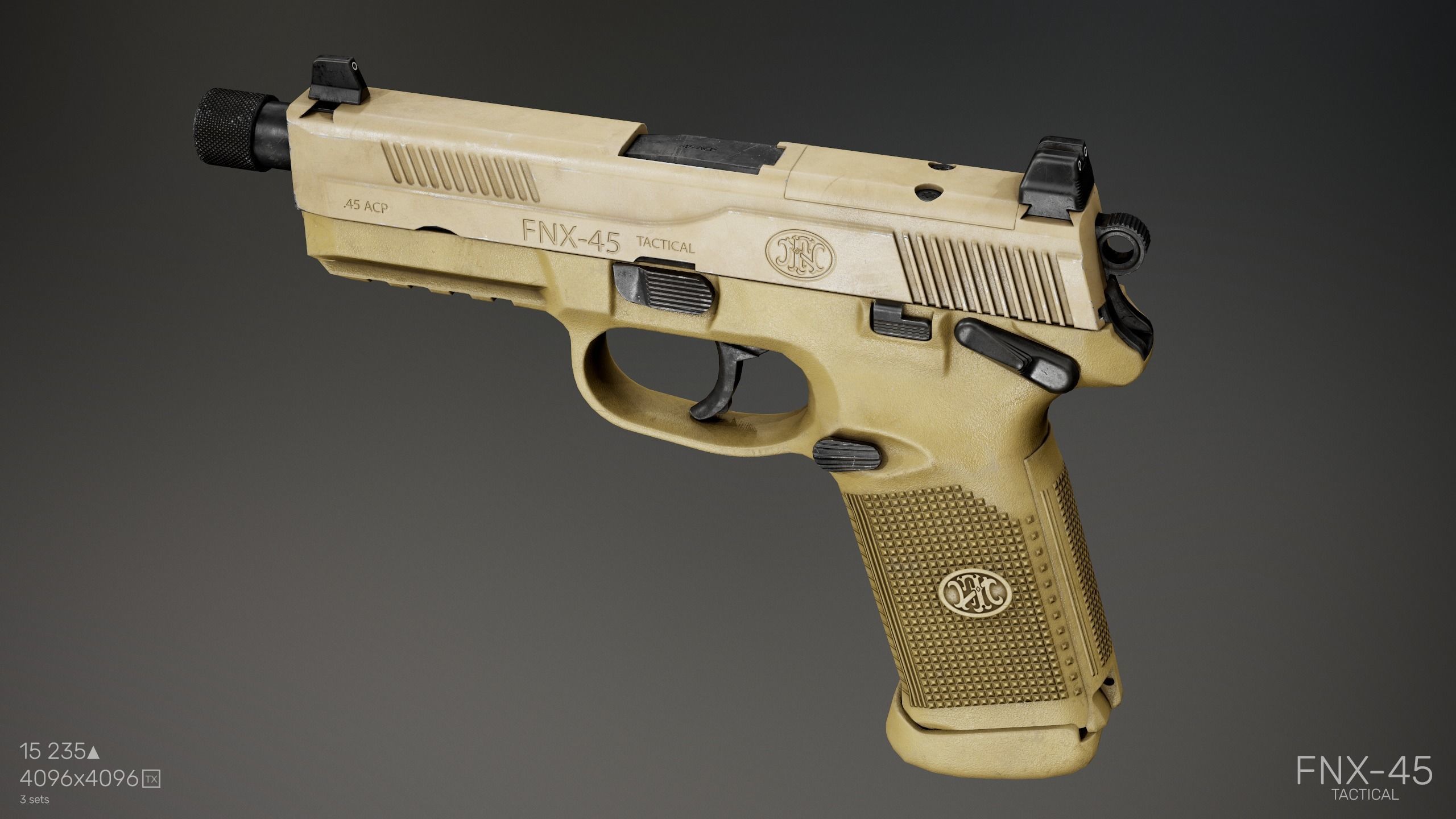 FNX-45 Tactical with  Attachments Low-poly 3D model_7