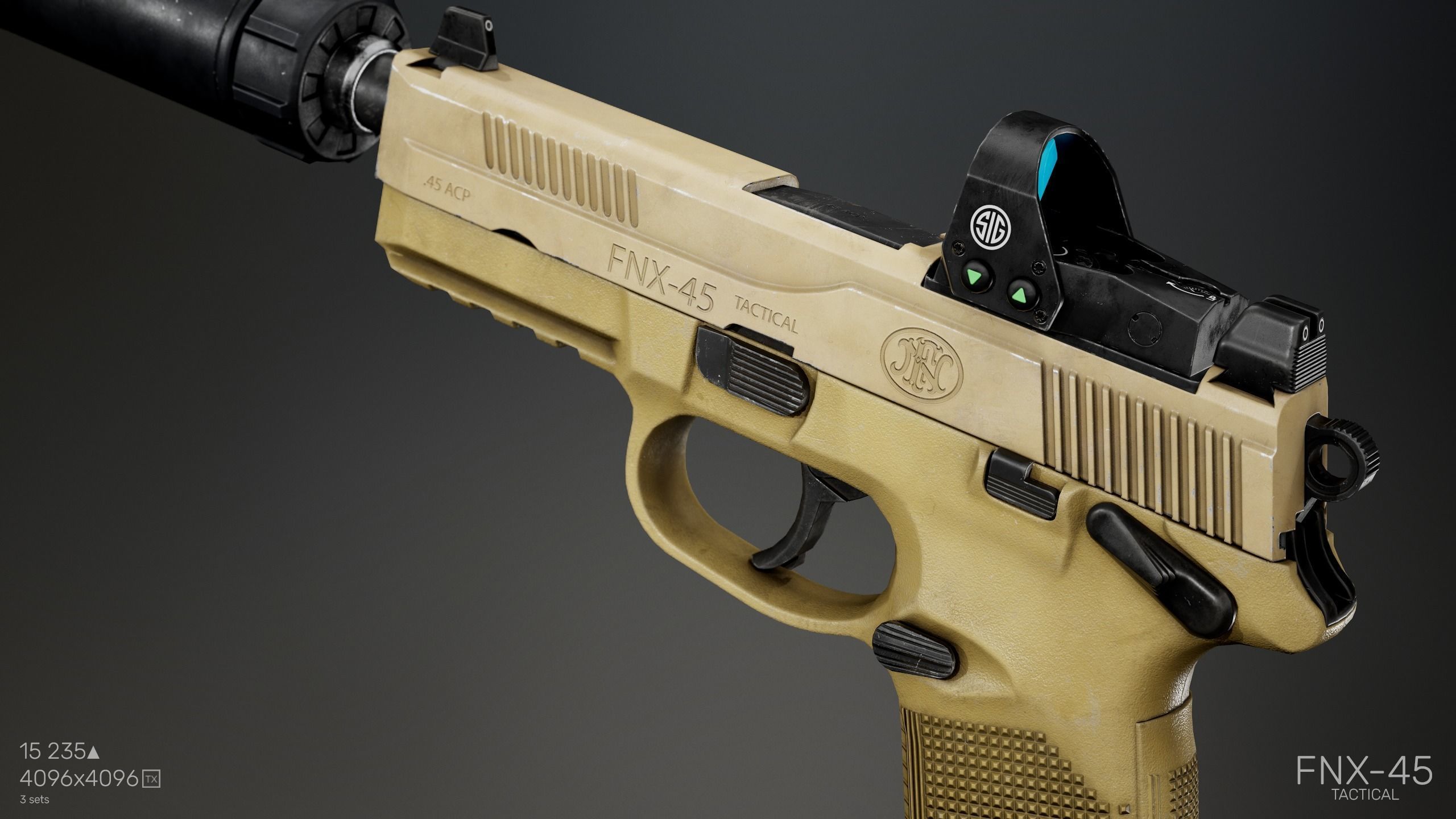 FNX-45 Tactical with  Attachments Low-poly 3D model_3