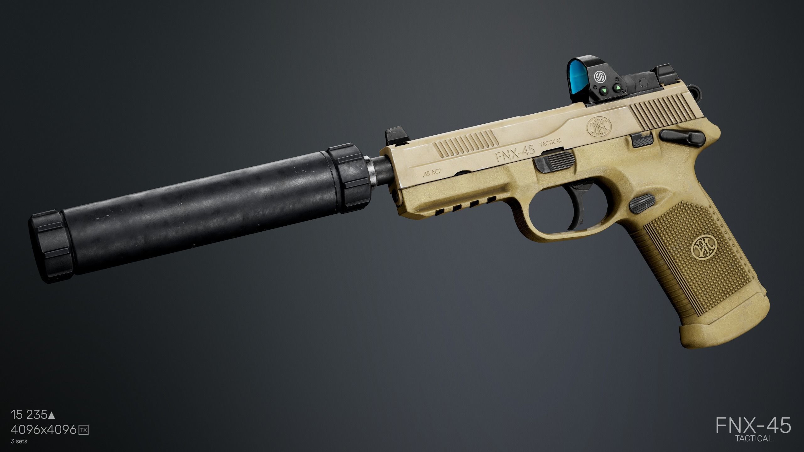 FNX-45 Tactical with  Attachments Low-poly 3D model_9