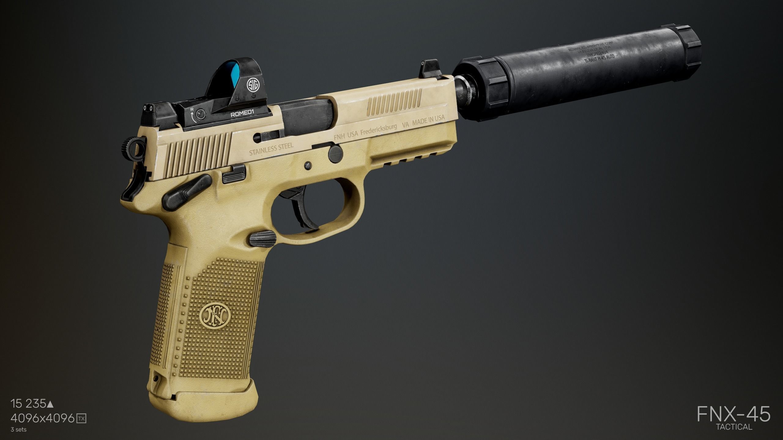FNX-45 Tactical with  Attachments Low-poly 3D model_2