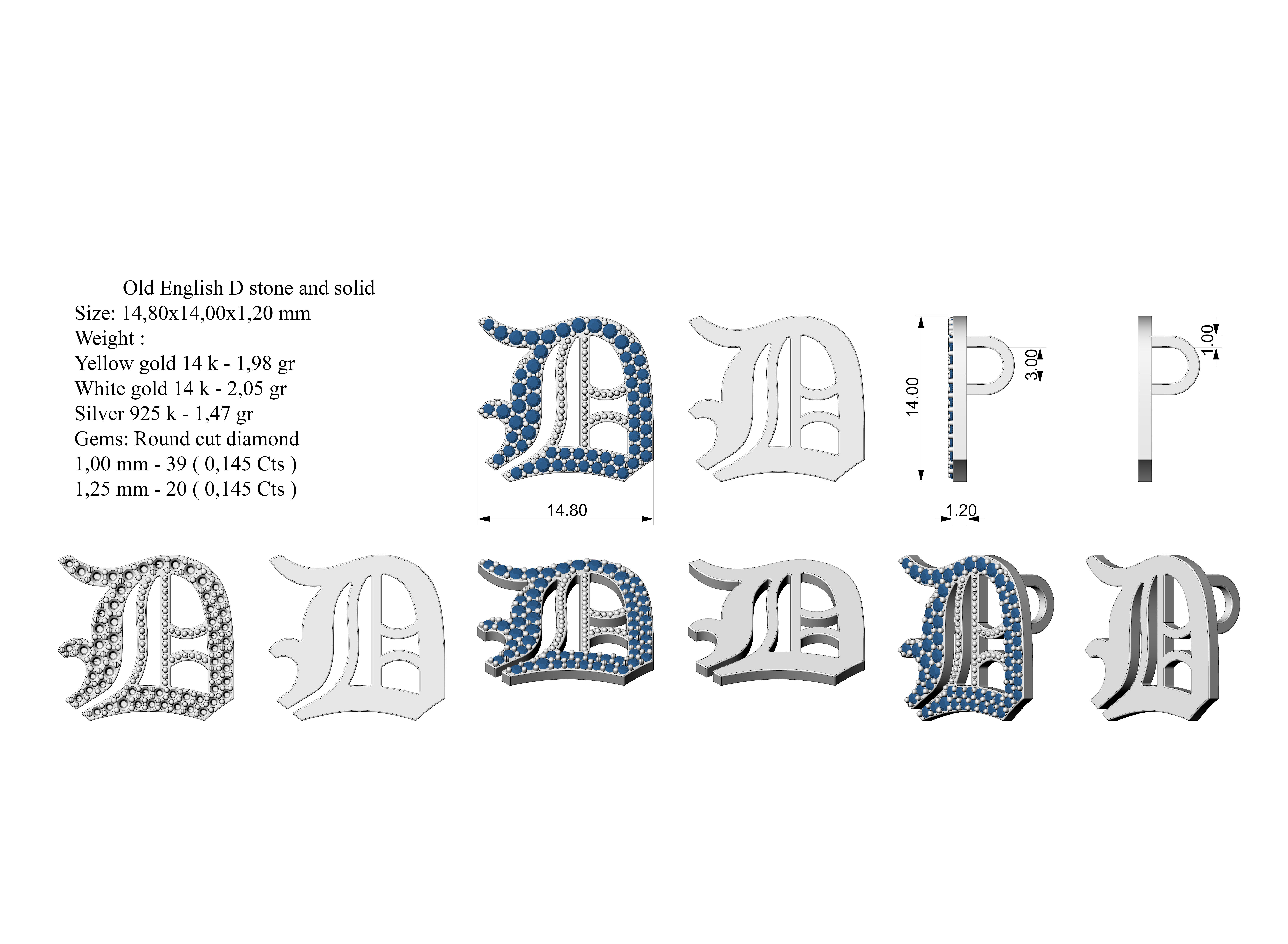 Old English D stone and solid 3D print model_4