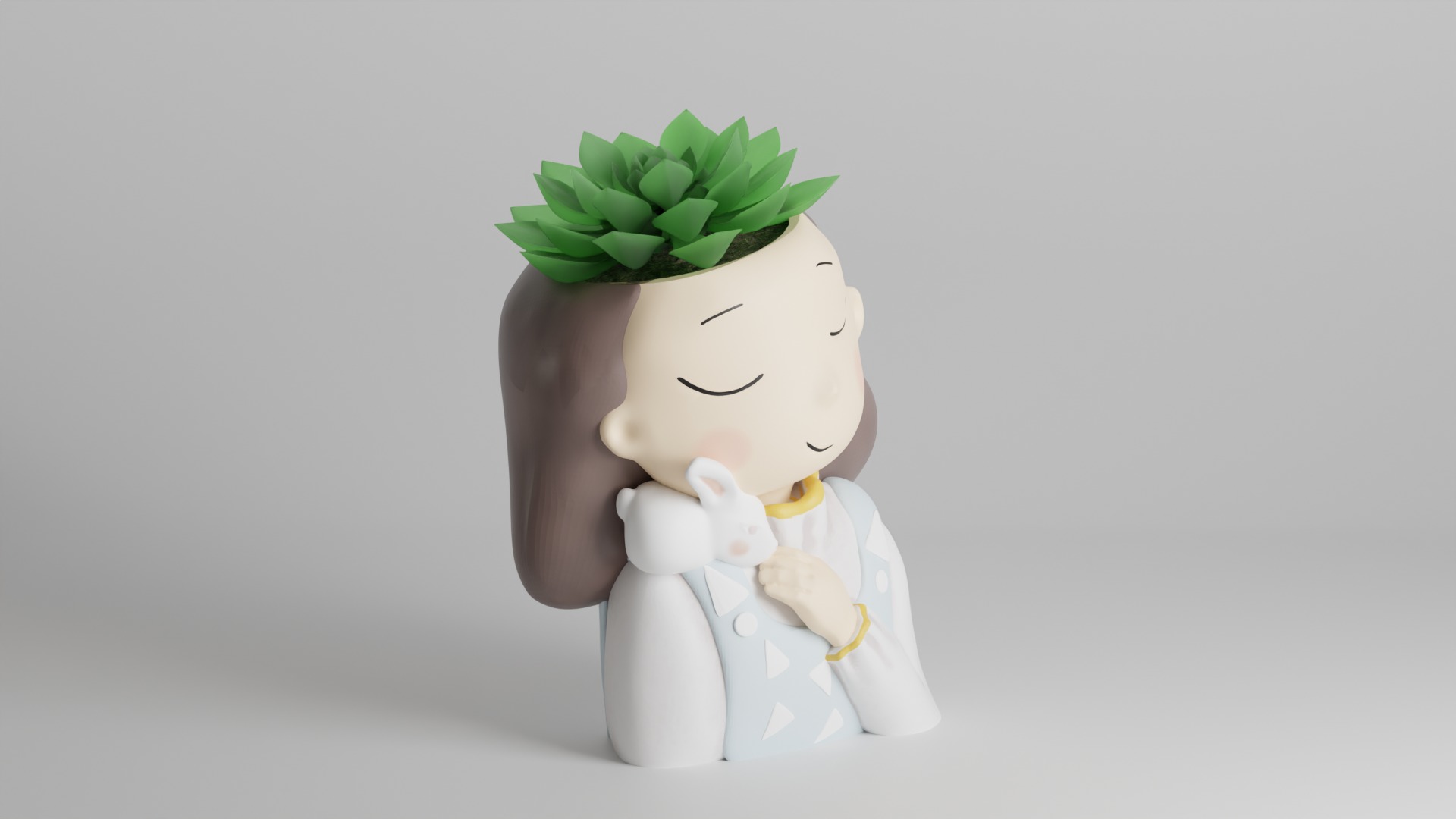 Adorable Girl Planter with Succulent and Bunny 3D print model_1